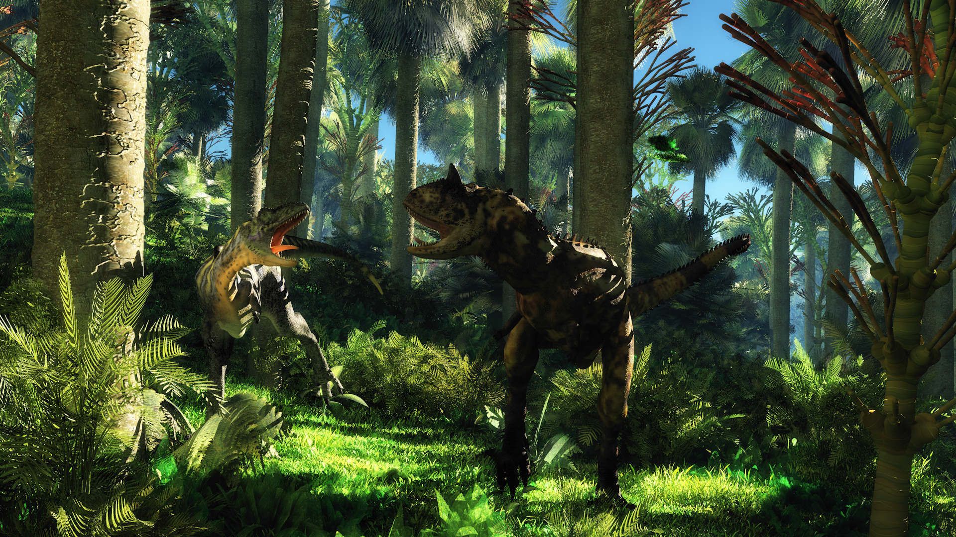 1920x1080 Wallpaper dinosaur, jungle, dispute, cretaceous age, disagreement for mobile and desktop, section рендеринг, resolution 1920x1080