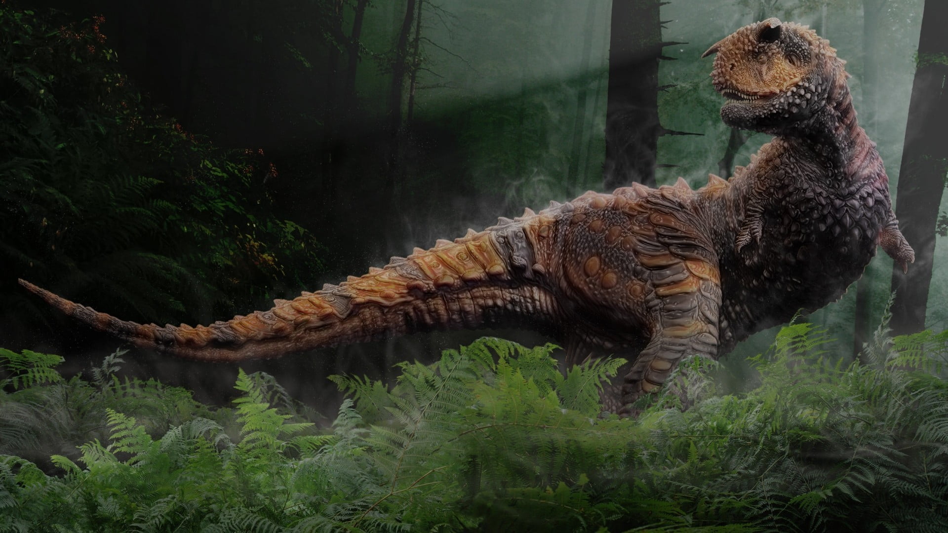 1920x1080 Brown and gray dinosaur in middle of forest HD wallpaper