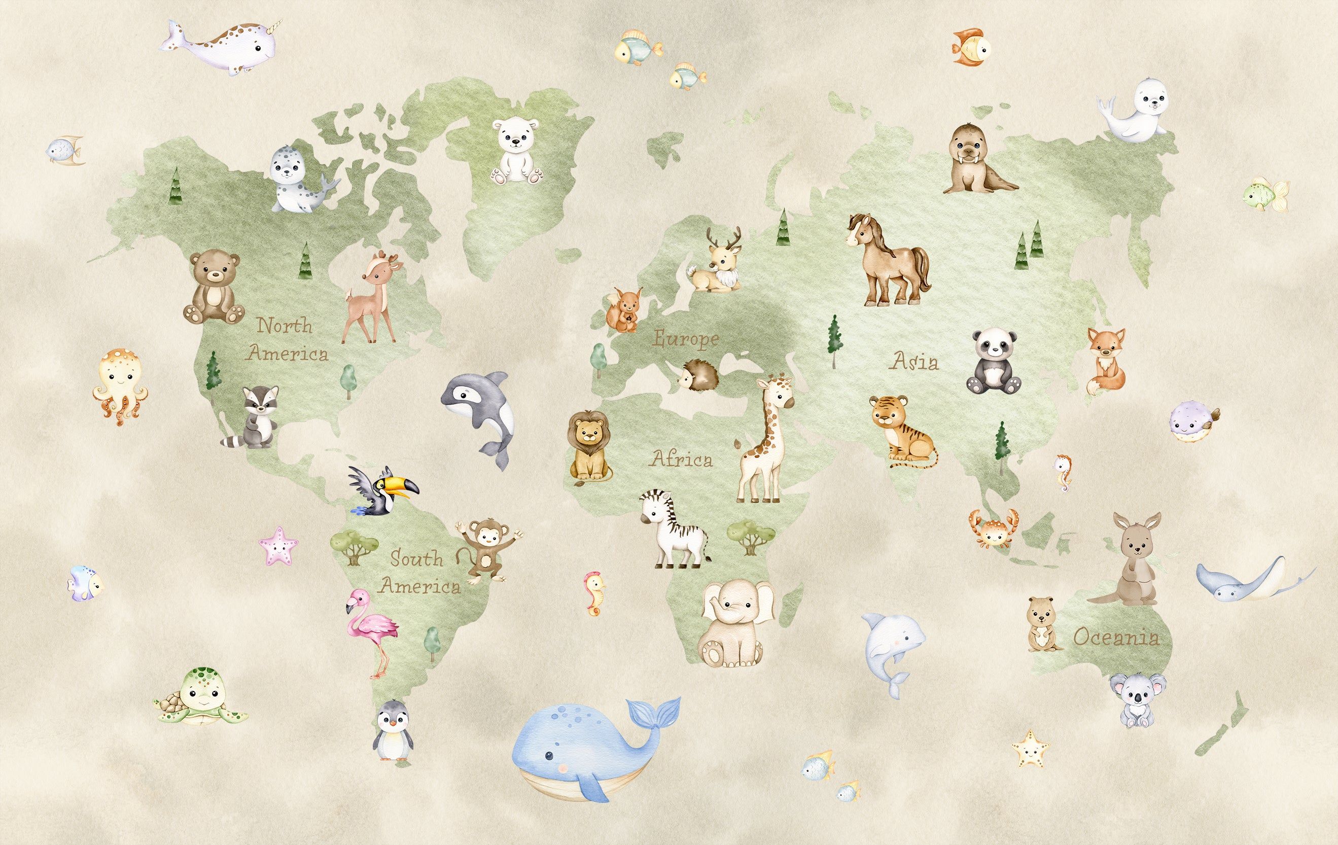 2638x1666 Cute Watercolour Children's Map Wallpaper Mural