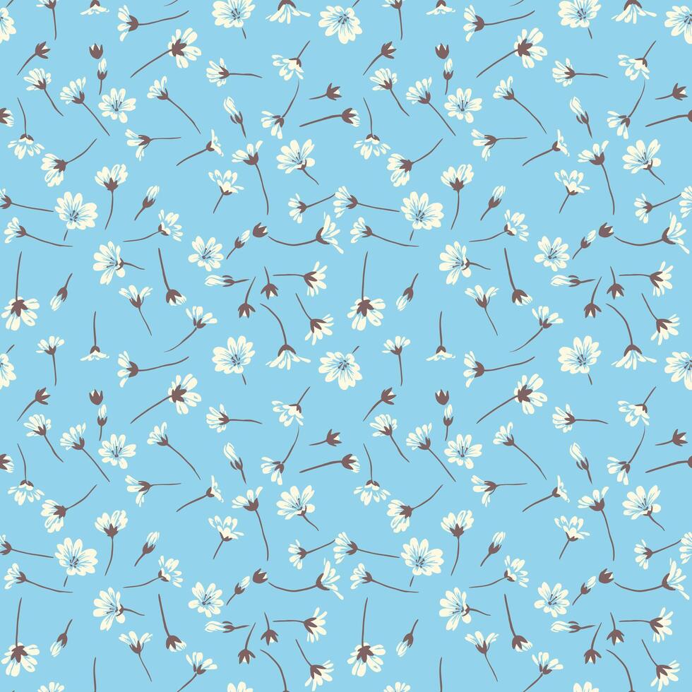 980x980 Light, cute, tiny, ditsy flowers pattern. Seamless small white floral field on a blue background. Vector hand drawn sketch. Template for design, fashion, fabric, printing, textile, wallpaper