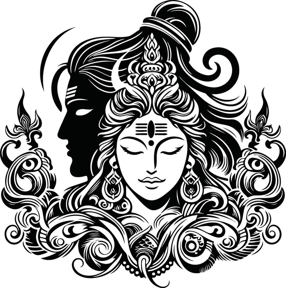 973x980 Black and White Silhouette Design of Lord Shiv and Goddess Durga