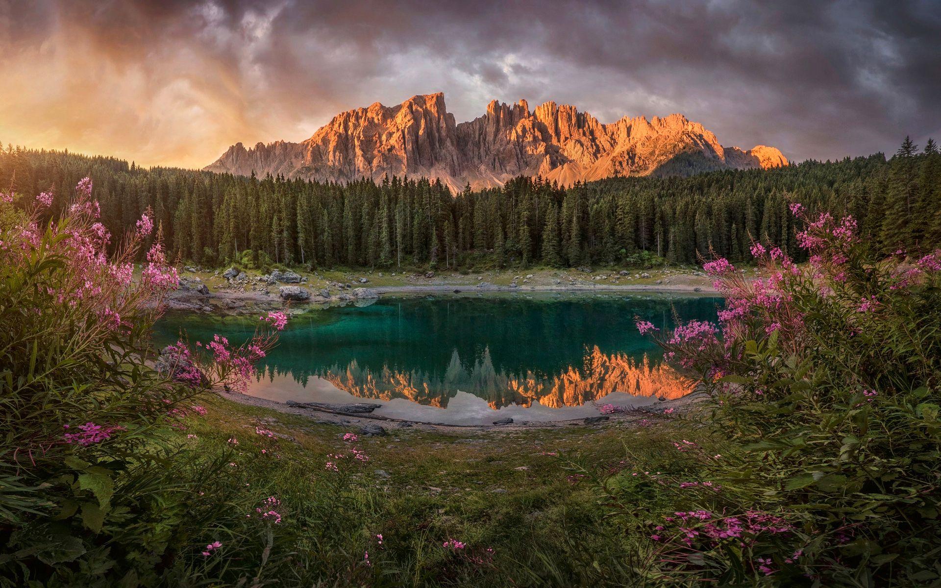 1920x1200 Lake Carezza Mount Catinaccio Mountains South Tyrol Europe Italy