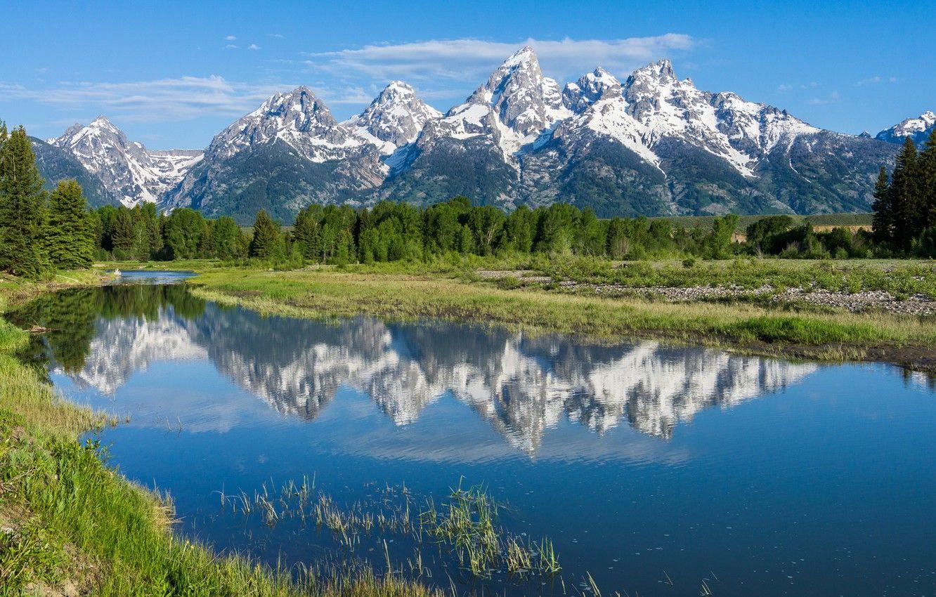 1332x850 Wallpaper trees, mountains, reflection, river, Wyoming, Wyoming