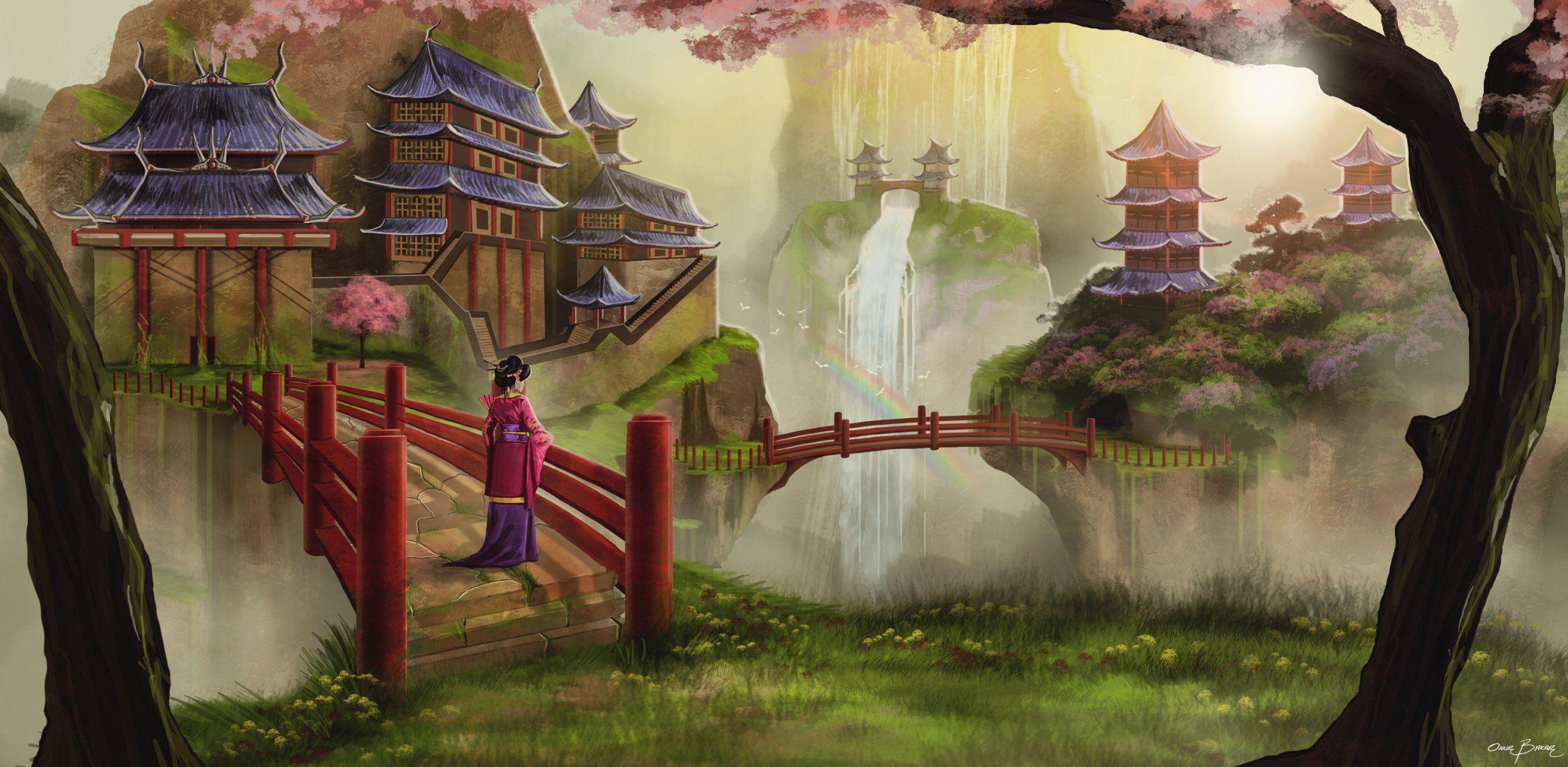 2454x1200 art asia temple bridges waterfall girl geisha kimono rainbow tree