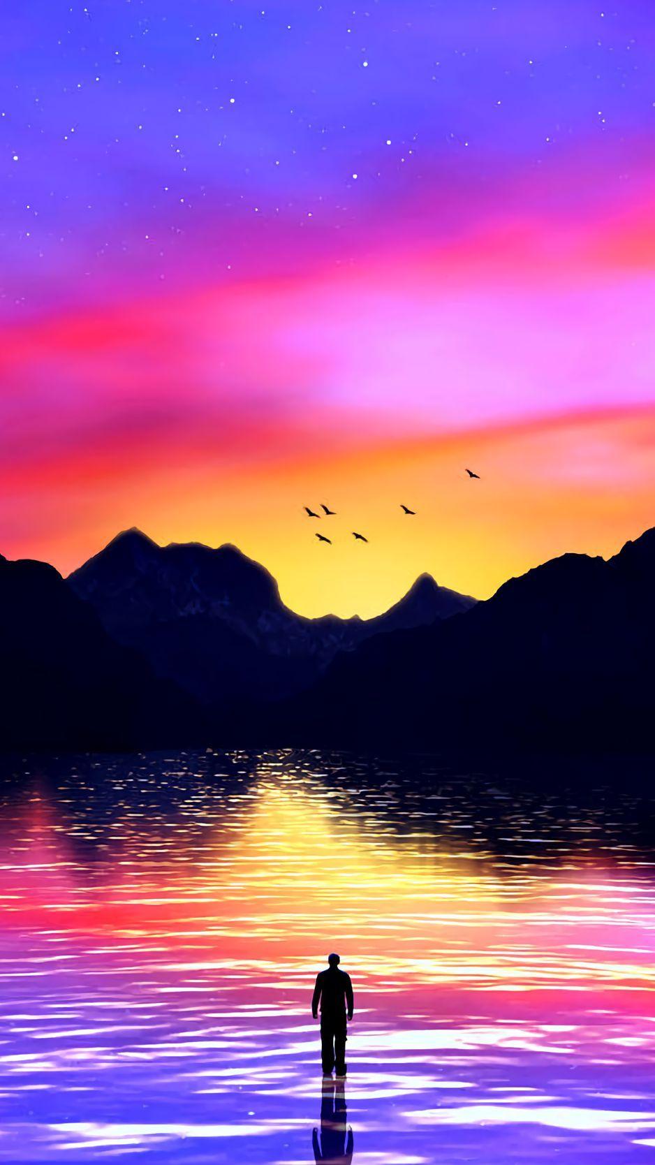 938x1668 Download wallpaper 938x1668 silhouette, sea, art, mountains