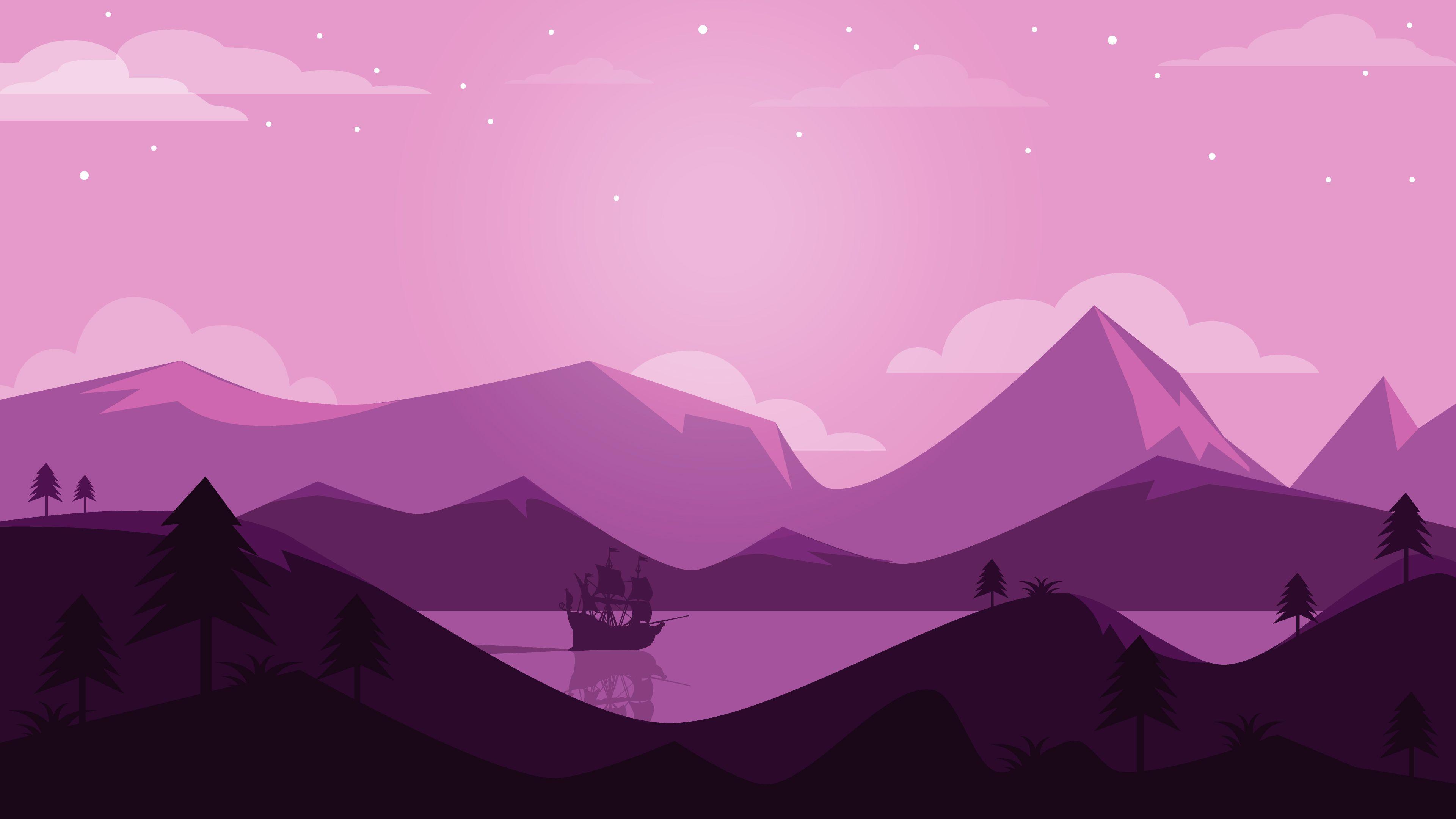 3840x2160 Wallpaper Mountains, Landscape, Panoramic, Purple, 4K, Minimal