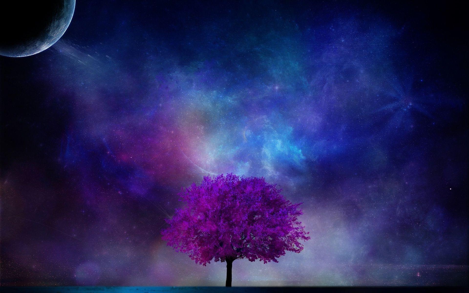 1920x1200 Tree Planet 3D Art Nebula Sky Sci Fi Planet Moon Stars Blossom