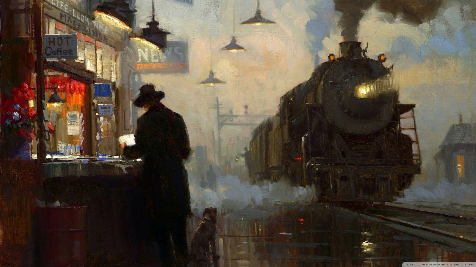 1600x900 Train Station Painting Ultra HD Desktop Background Wallpaper