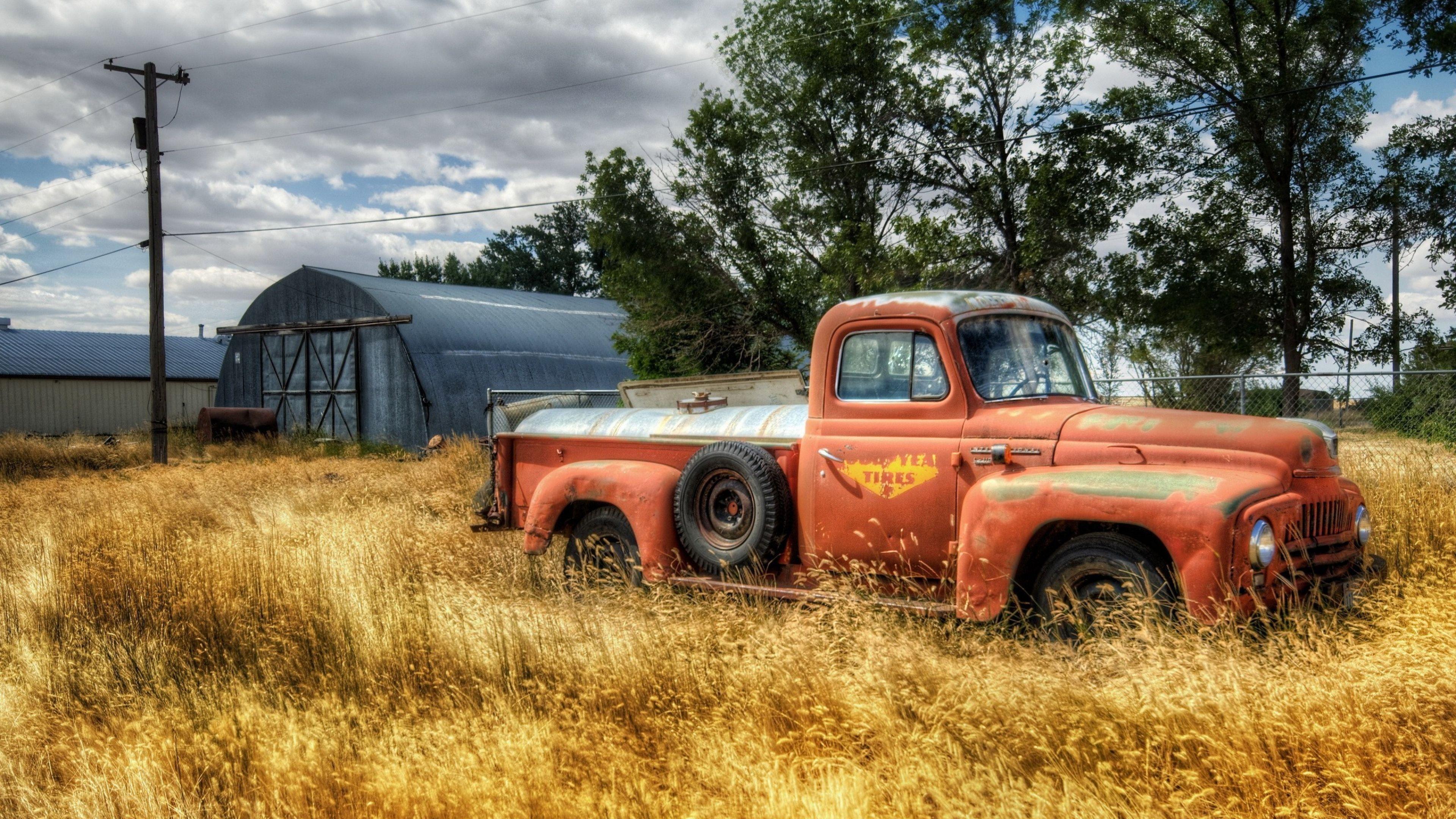 3840x2160 Download Wallpaper 3840x2160 Truck, Garage, Field, Farming, Column