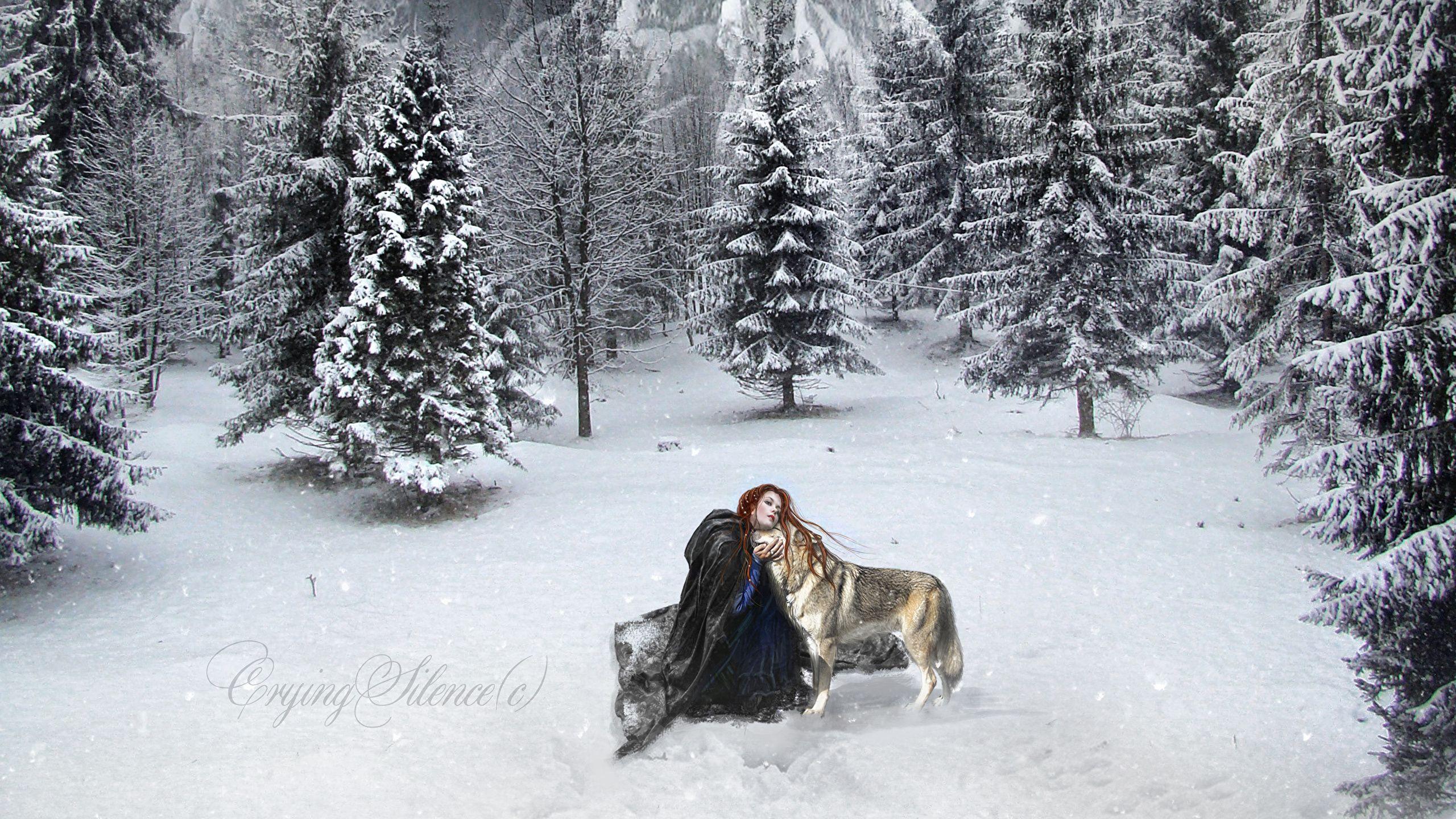 2560x1440 image Wolves Winter Spruce Fantasy Snow 2560x1440