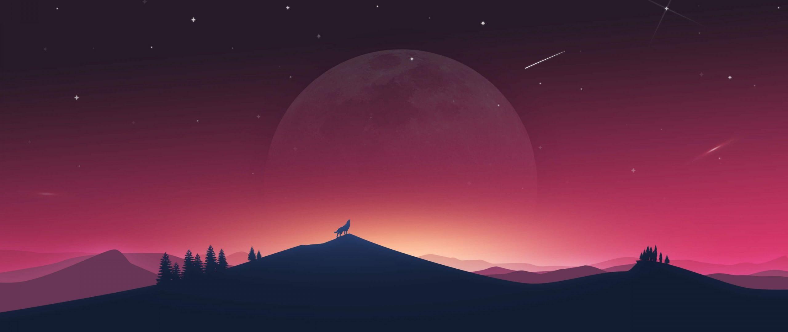 2560x1080 Desktop Wallpaper Wolf Howling, Moon, Silhouette, Minimal, 4k, HD