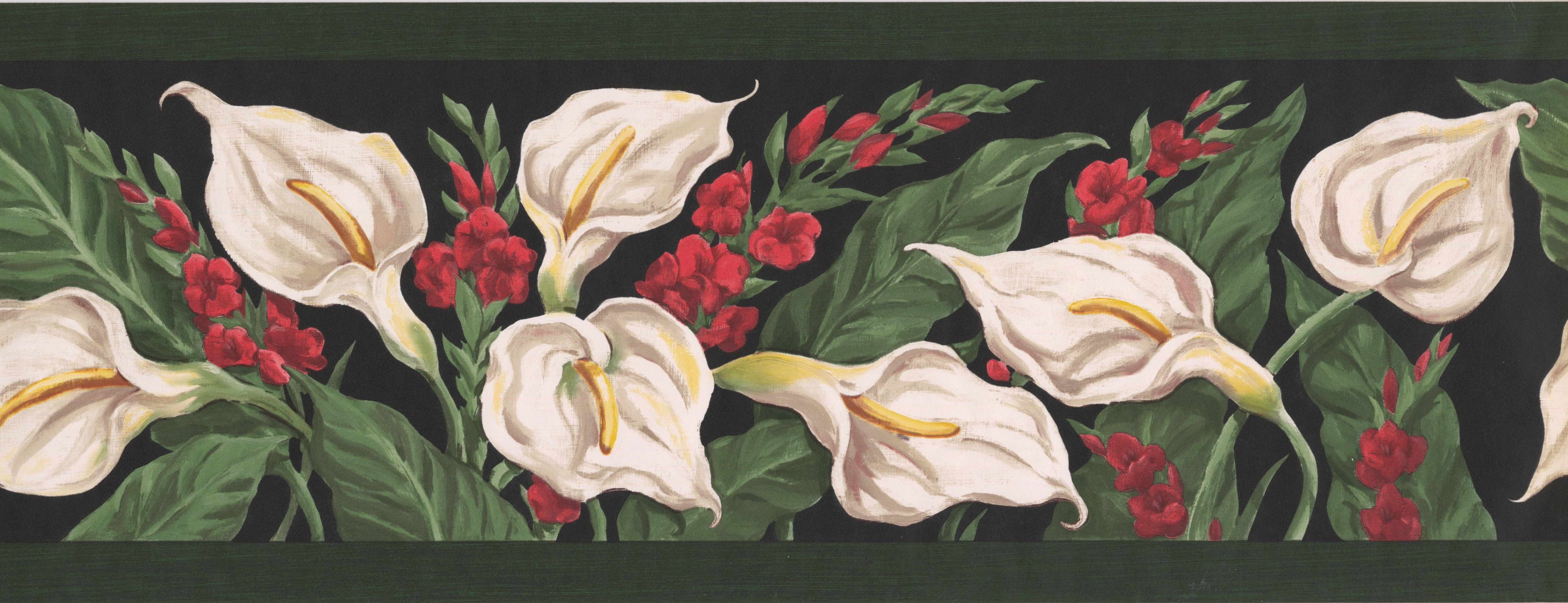 7062x2714 White Calla Lily Flowers Greenery Floral Wallpaper Border Retro