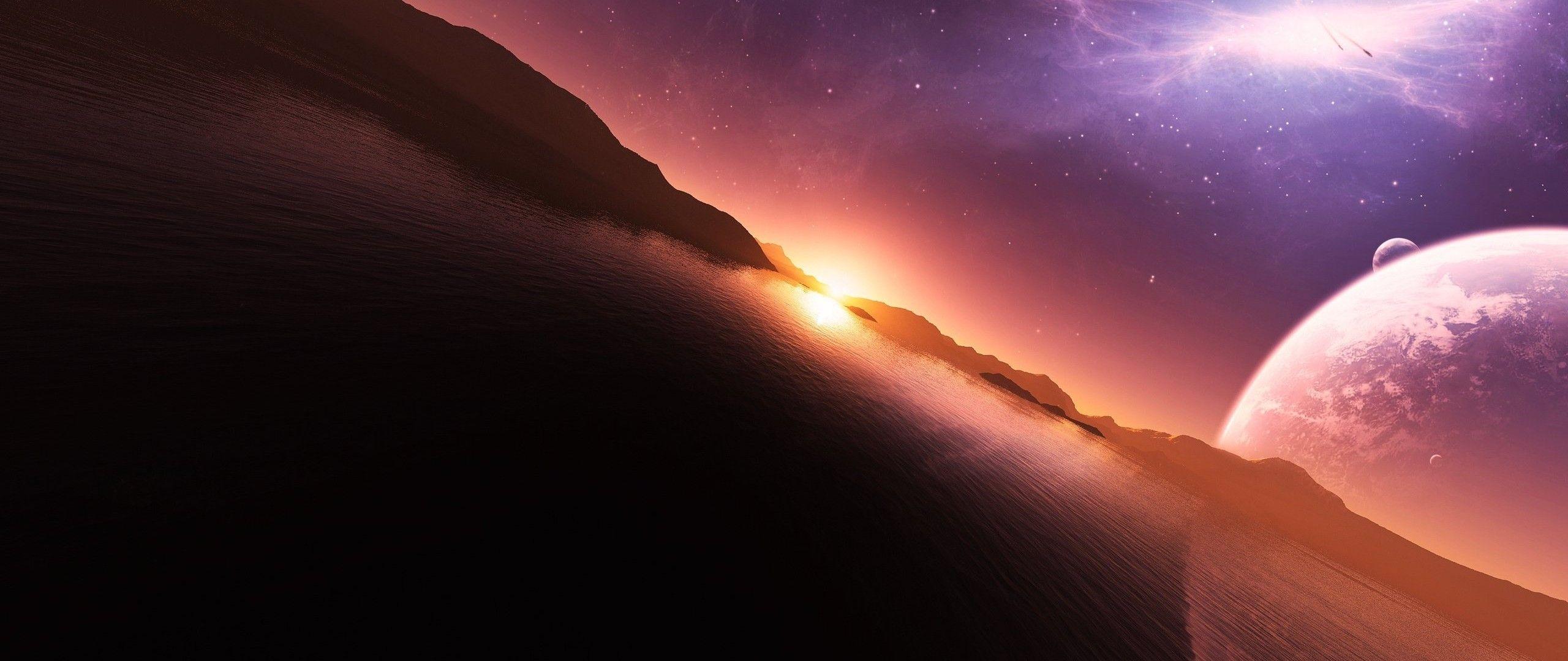 2560x1080 Download 2560x1080 Planets, Water, Nebula, Stars, Galaxy, Universe Wallpaper