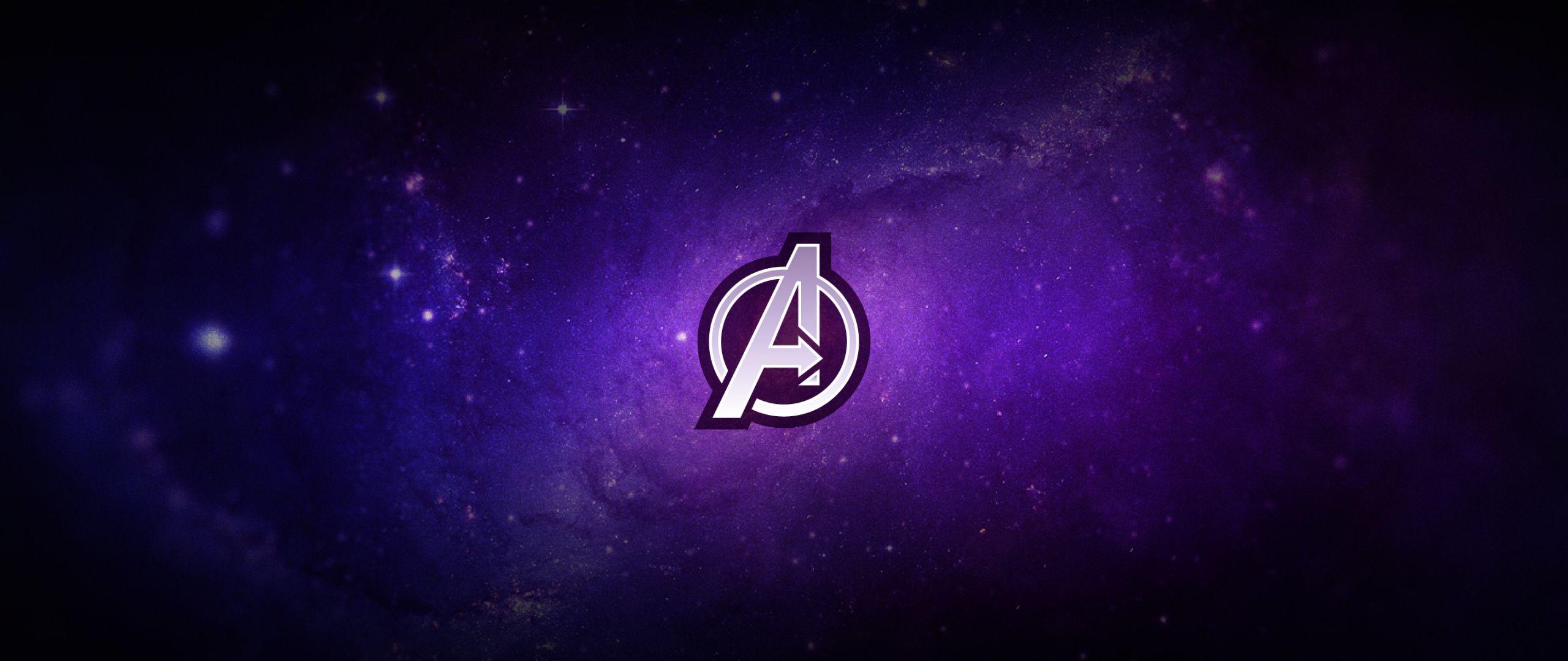 2560x1080 Download Avengers, logo, purple, minimal wallpaper, 2560x1080