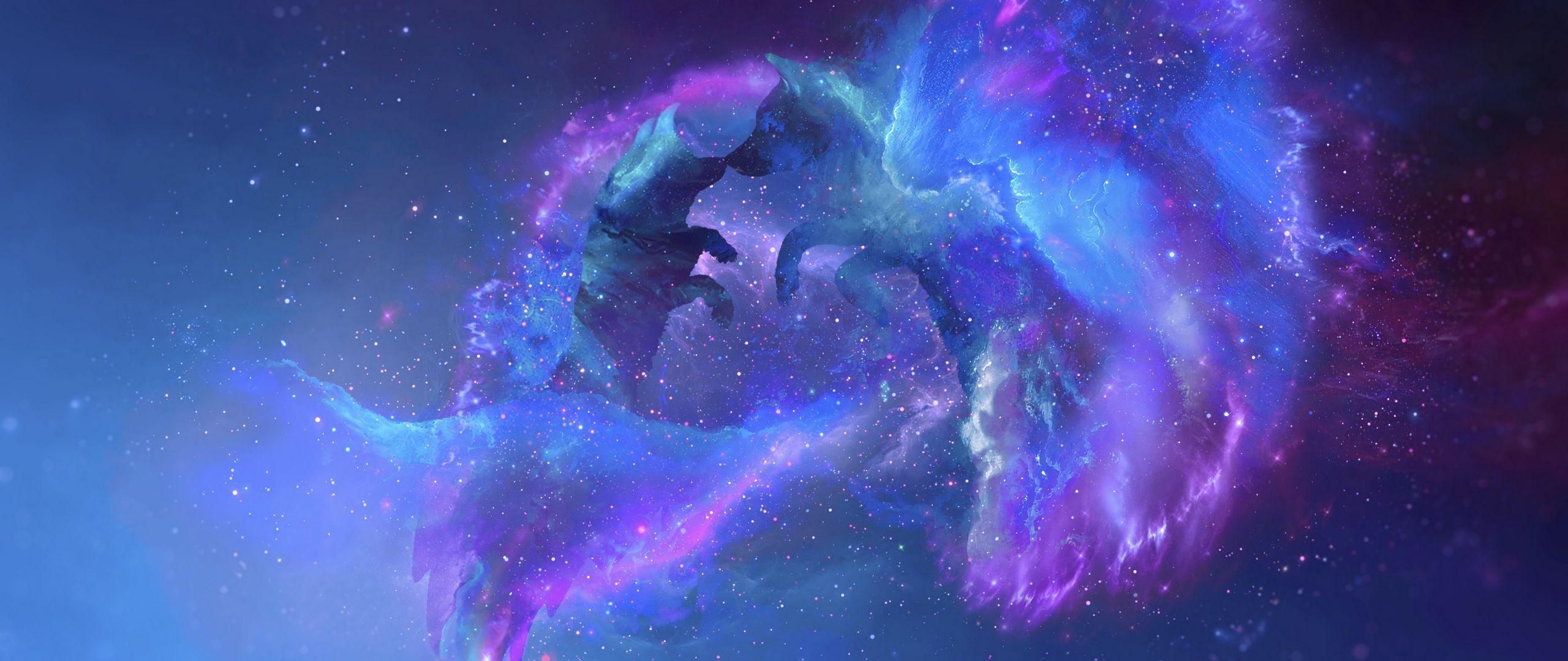 2560x1080 Download wallpaper 2560x1080 wolves, silhouettes, stars, galaxy