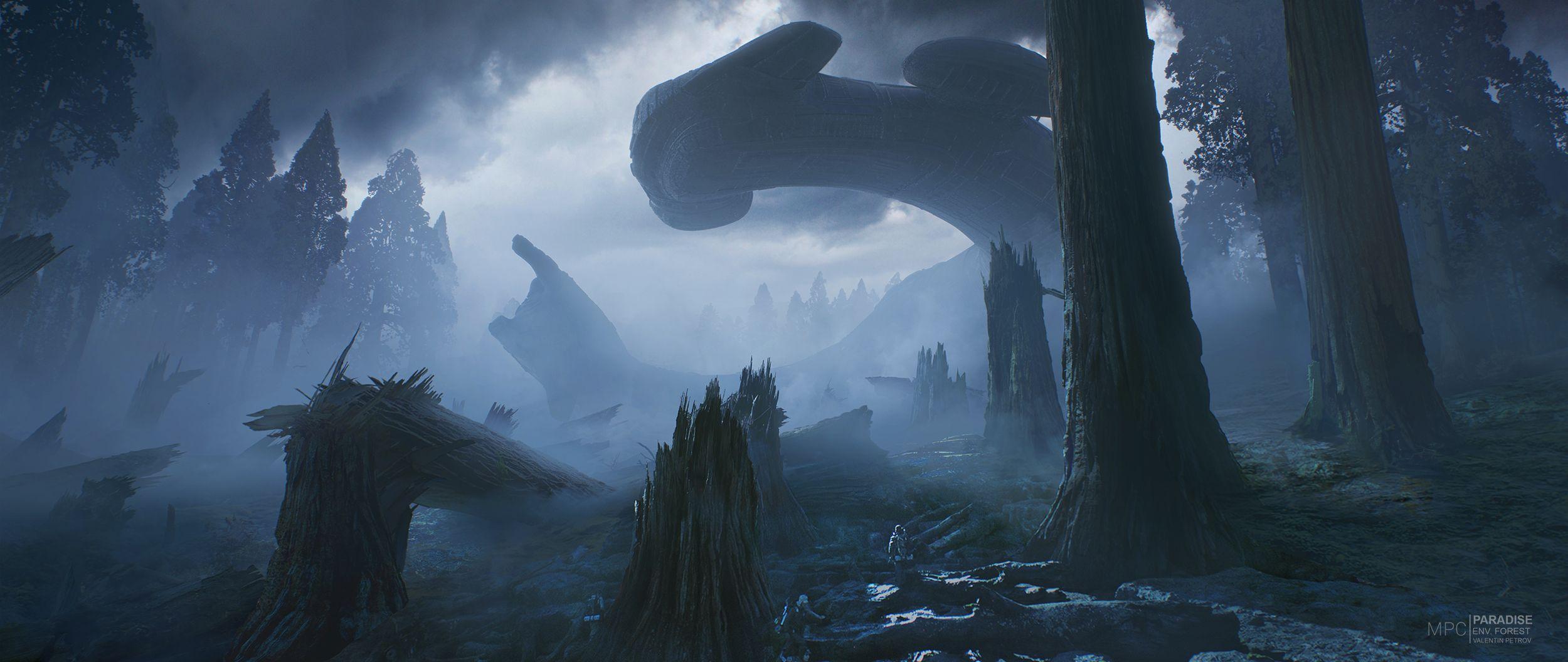 2500x1056 Alien Covenant: Xenomorph Shadows in the Misty Wilderness HD Wallpaper