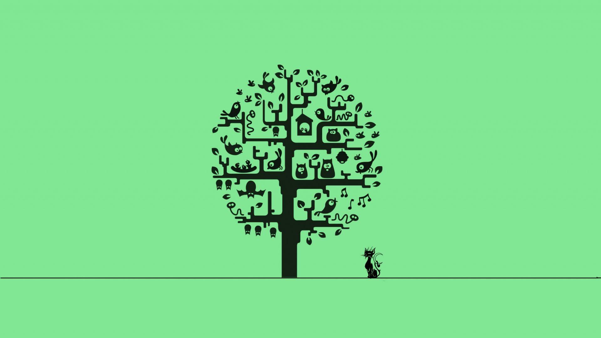 1920x1080 Tree, Cat, Bird, Minimalism [1920x1080]