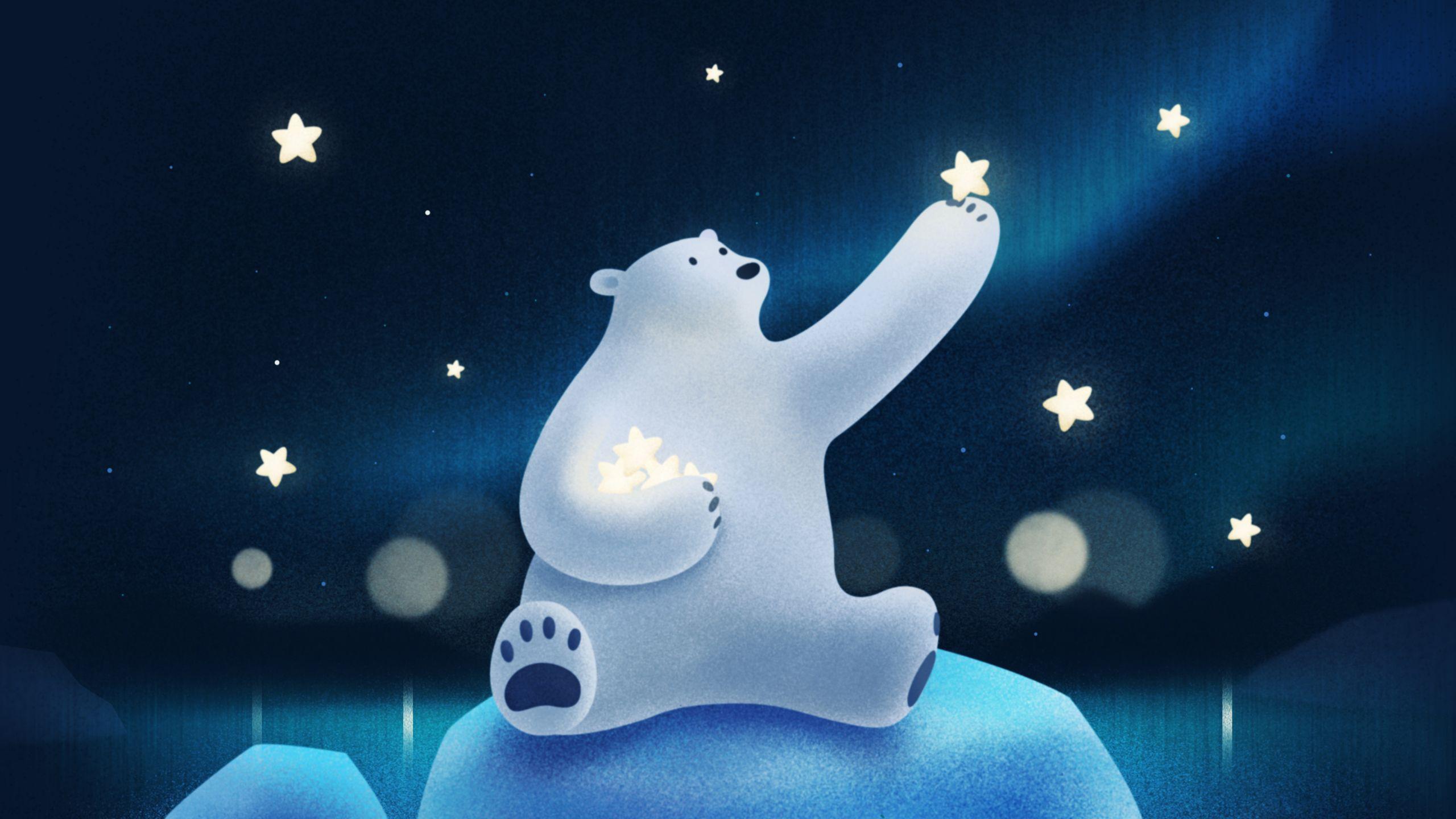 2560x1440 Cute Polar Bear Playing with Stars Wallpaper
