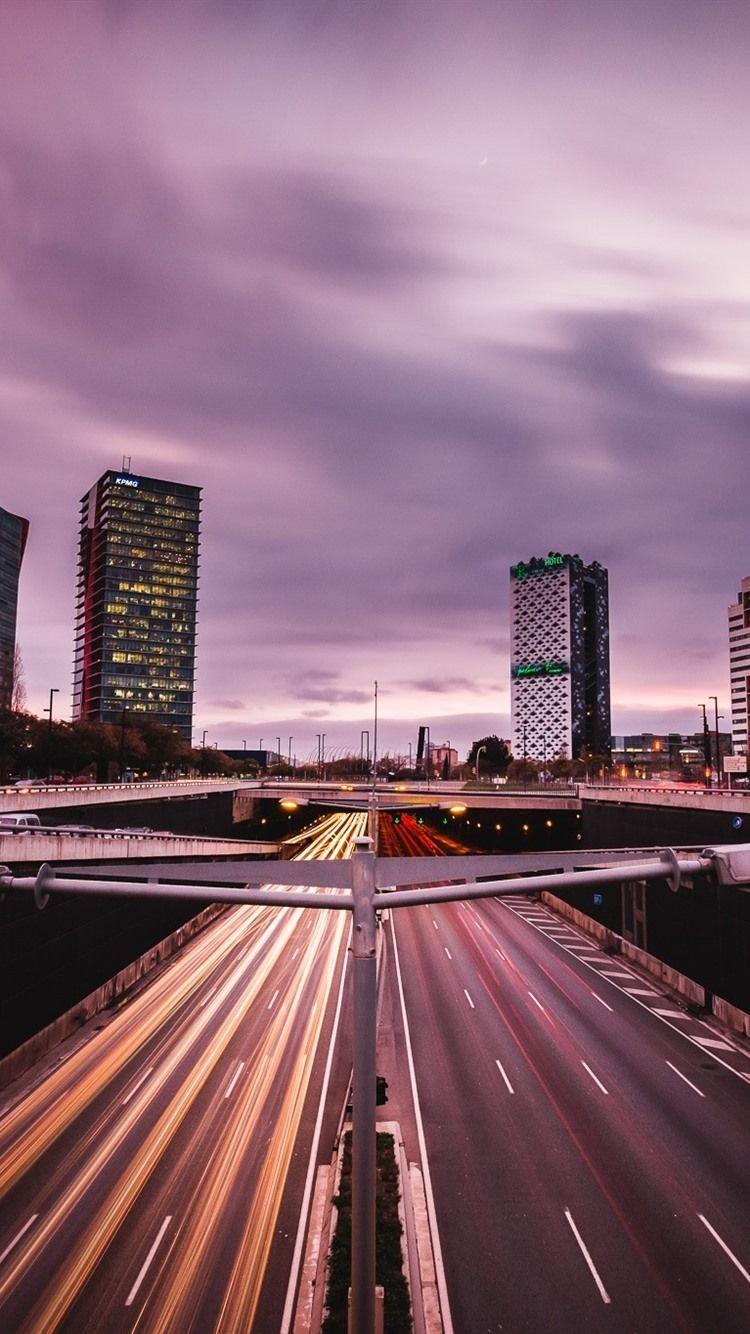 750x1334 Barcelona, Spain, road, buildings, city, lights, dusk 750x1334