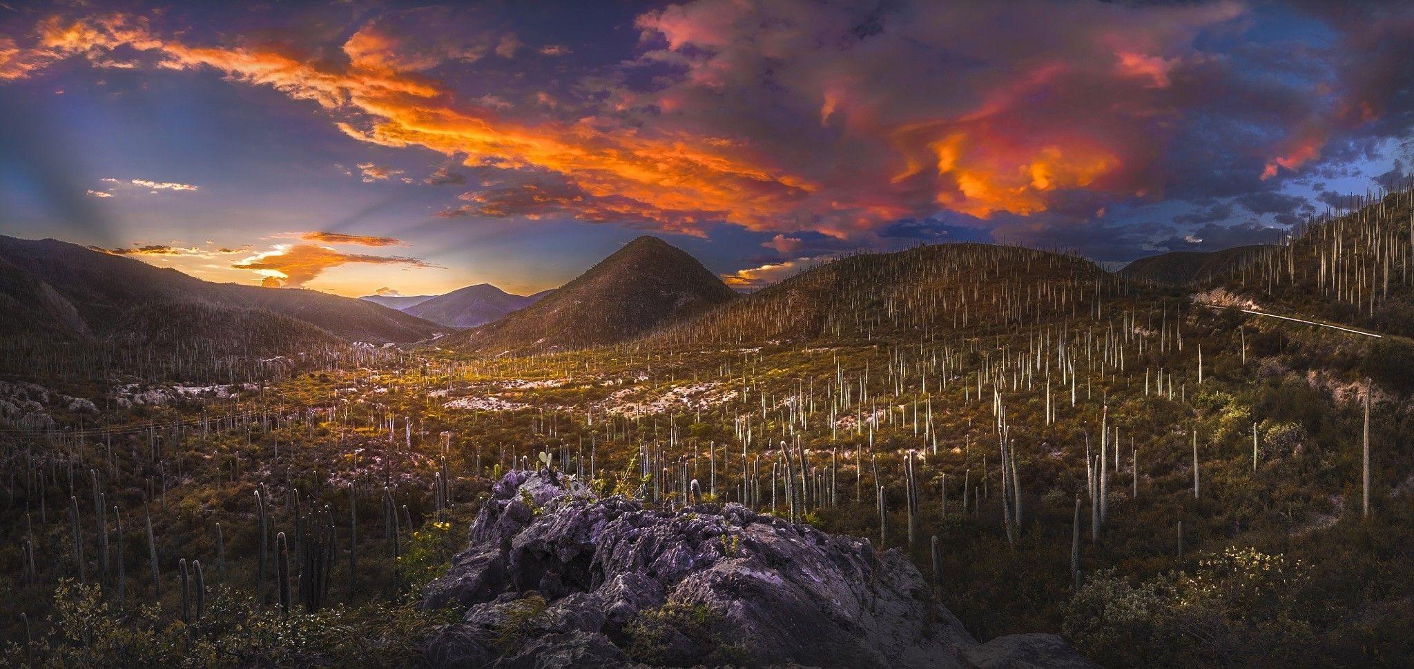 2048x970 nature, Landscape, Sunset, Desert, Valley, Hill, Clouds, Sky