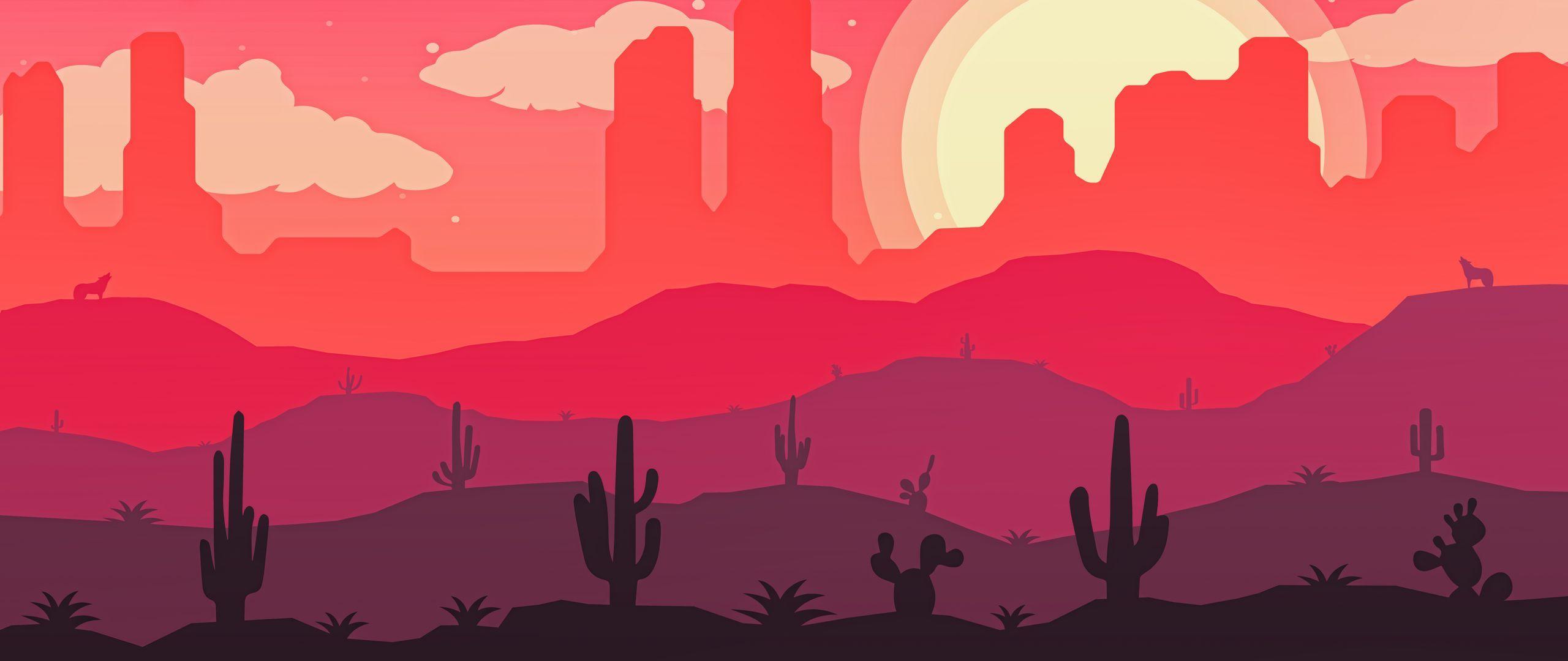 2560x1080 Download wallpaper 2560x1080 desert, cactus, sun, wolf, vector