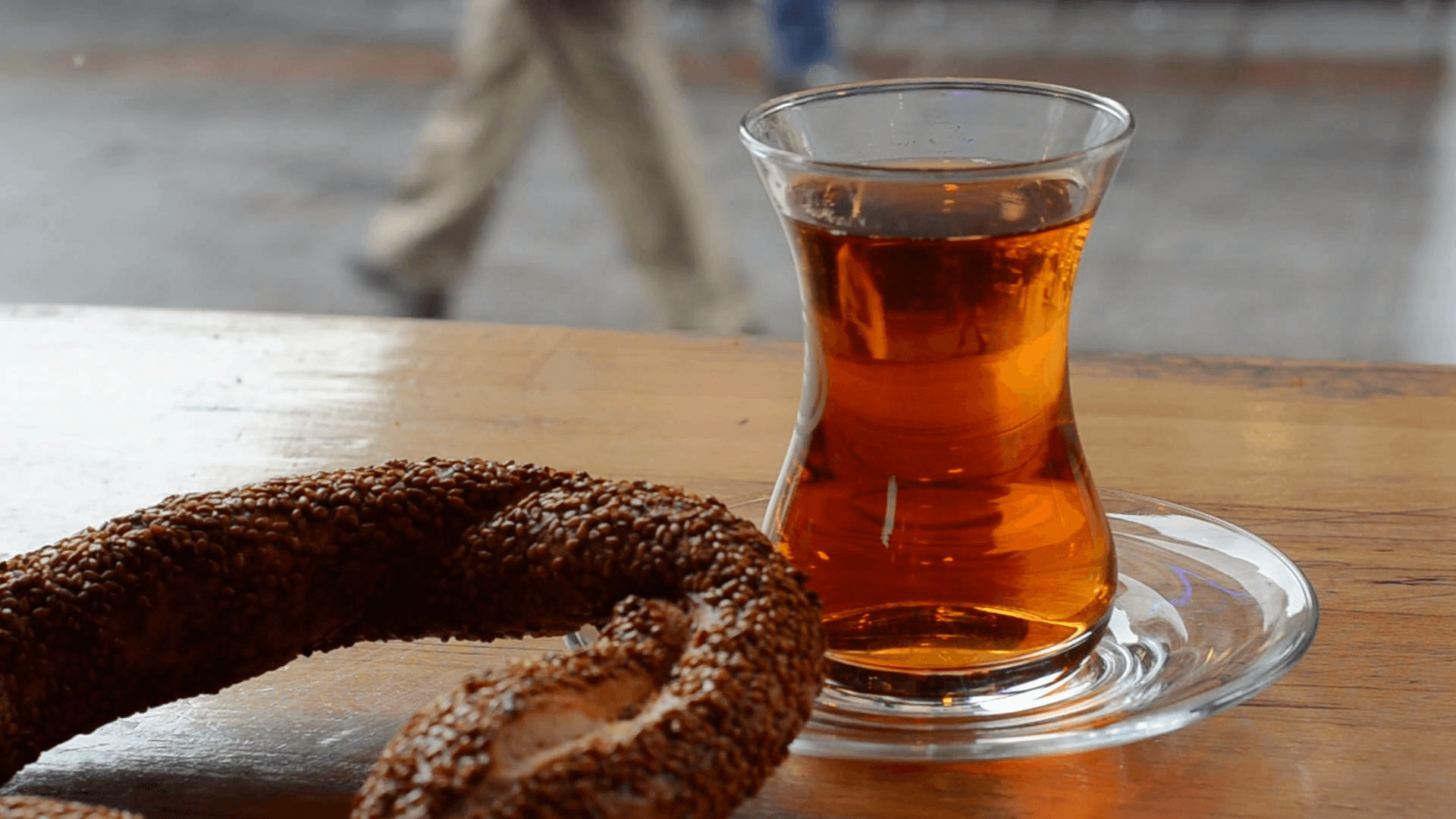 1920x1080 Turkish tea and simit on wooden table. Stock Video Footage