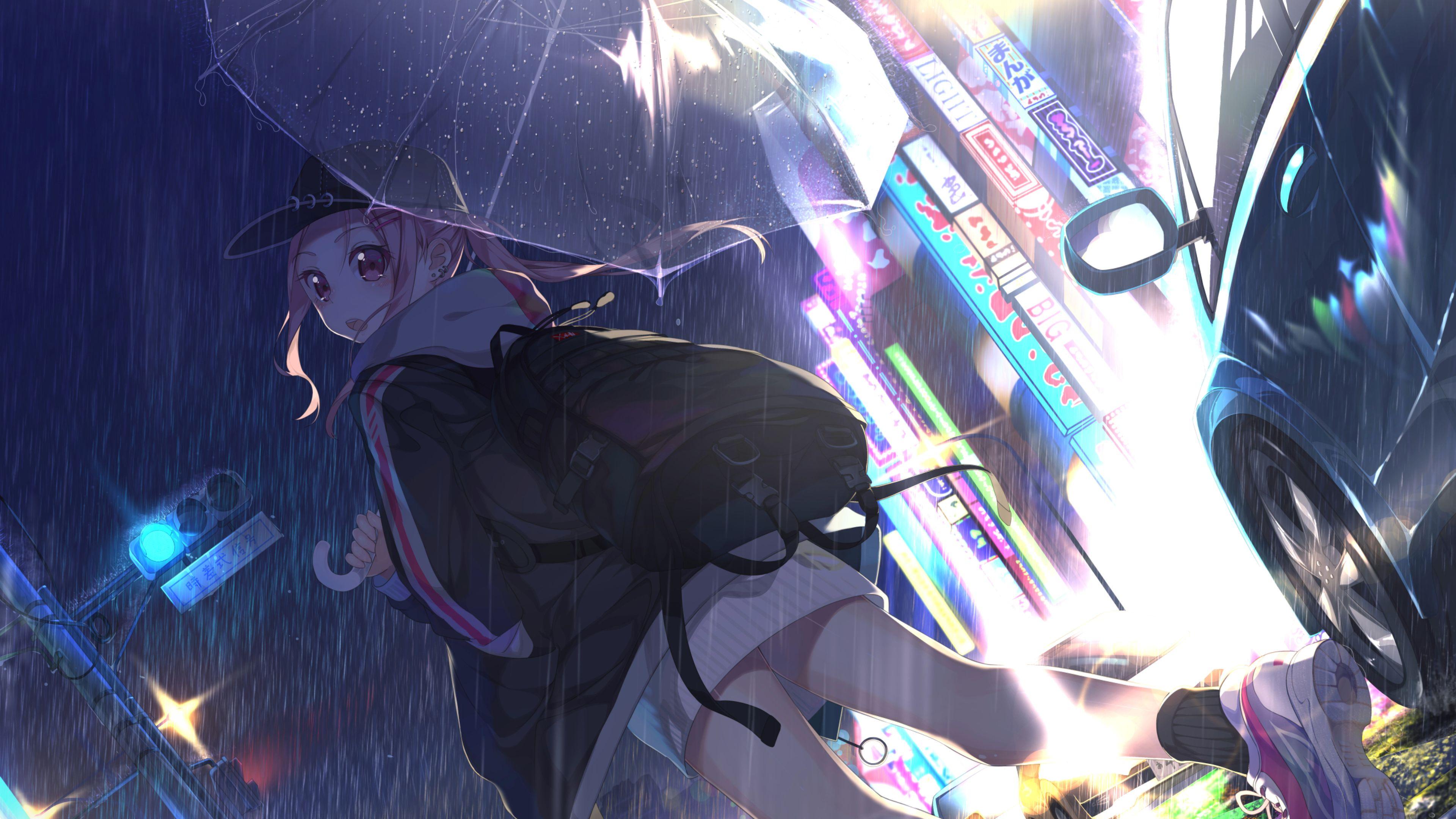 3840x2160 Anime Girl with Umbrella In Rain 4K Wallpaper, HD Anime