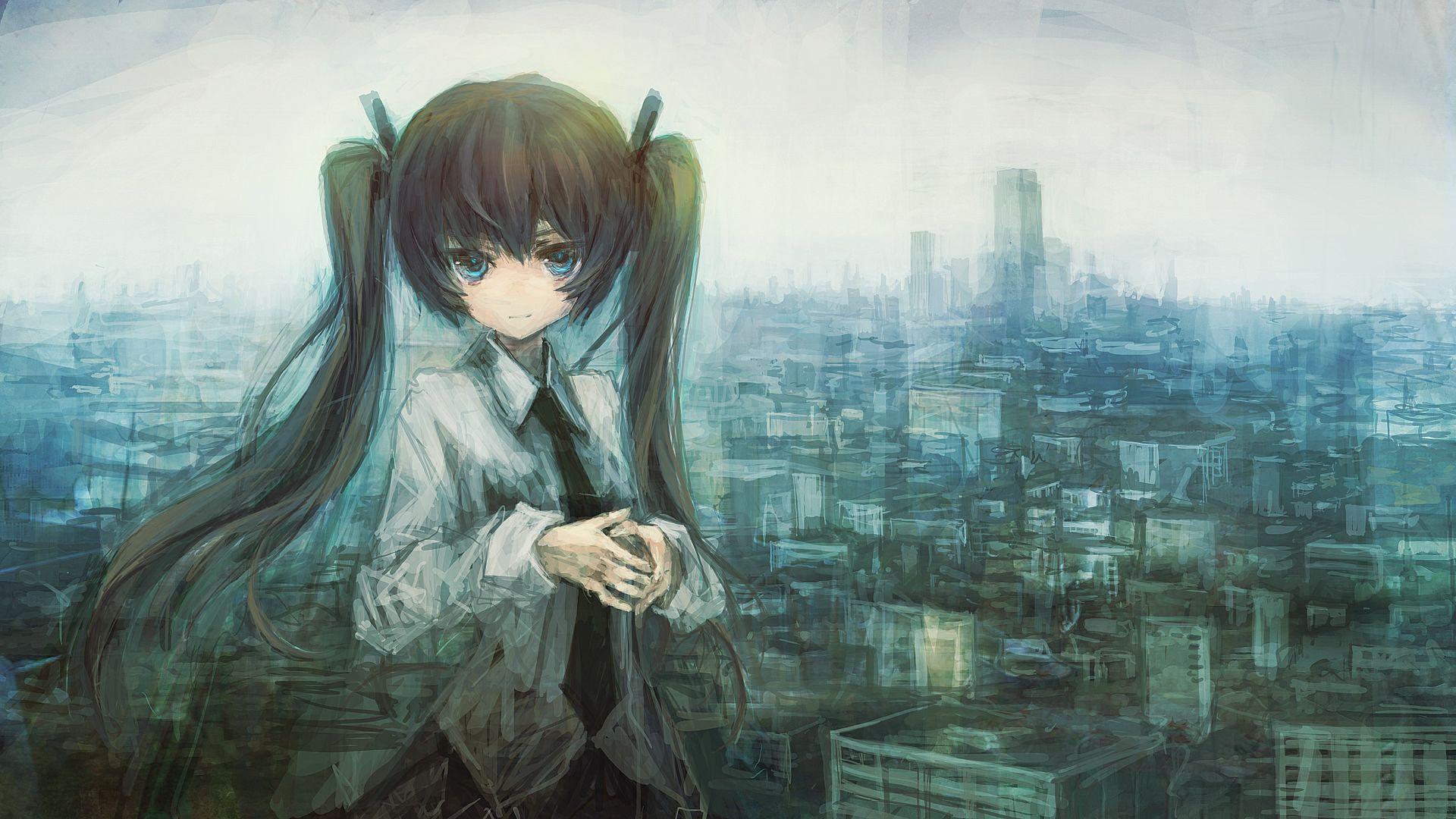 1920x1080 cityscapes, Vocaloid, Hatsune Miku, tie, paint, buildings