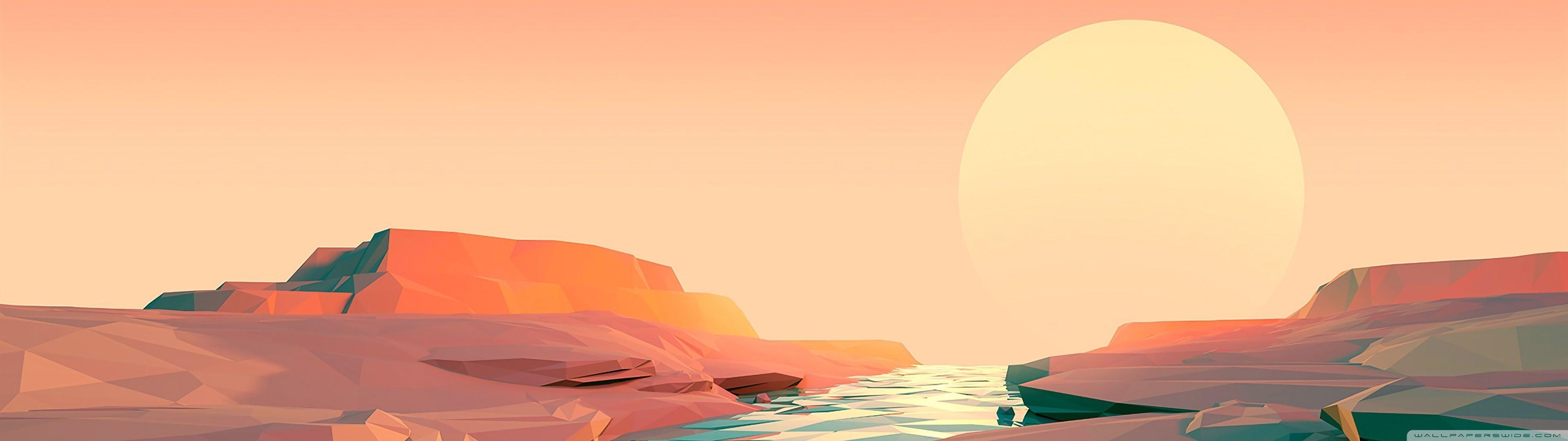 3840x1080 Low Poly River Landscape Design Ultra HD Desktop Background