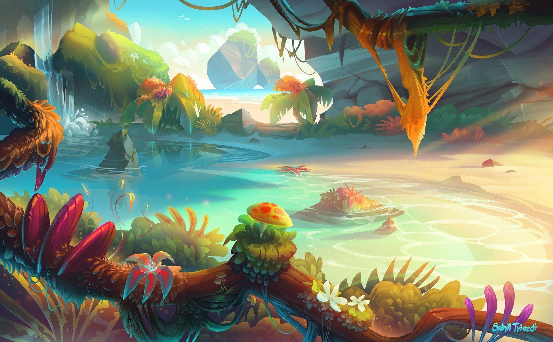1920x1188 illustration, Fantasy art, Sunset, Bonsai, Water, Landscape, Mushroom HD Wallpaper / Desktop and Mobile Image & Photo