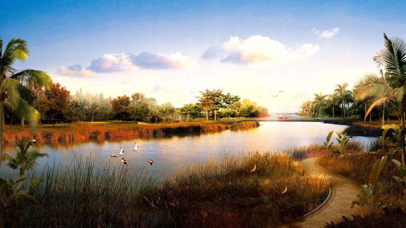 1366x768 Wildlife lake desktop PC and Mac wallpaper