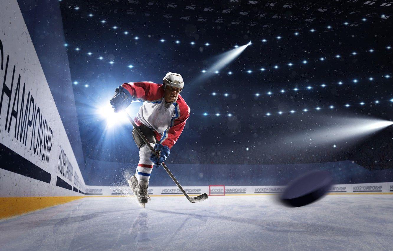1332x850 Wallpaper light, sport, ice, gloves, helmet, athlete, male, stick