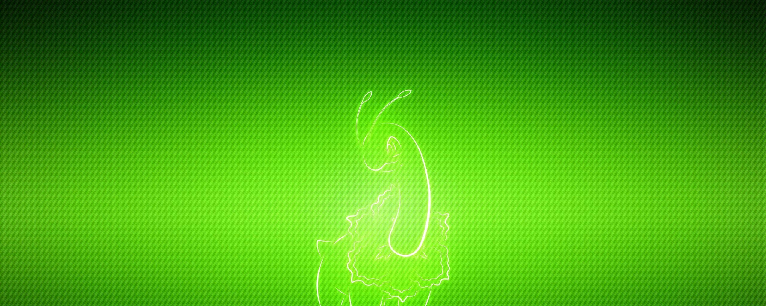 2560x1024 Download wallpaper 2560x1024 pokemon, green background, meganium