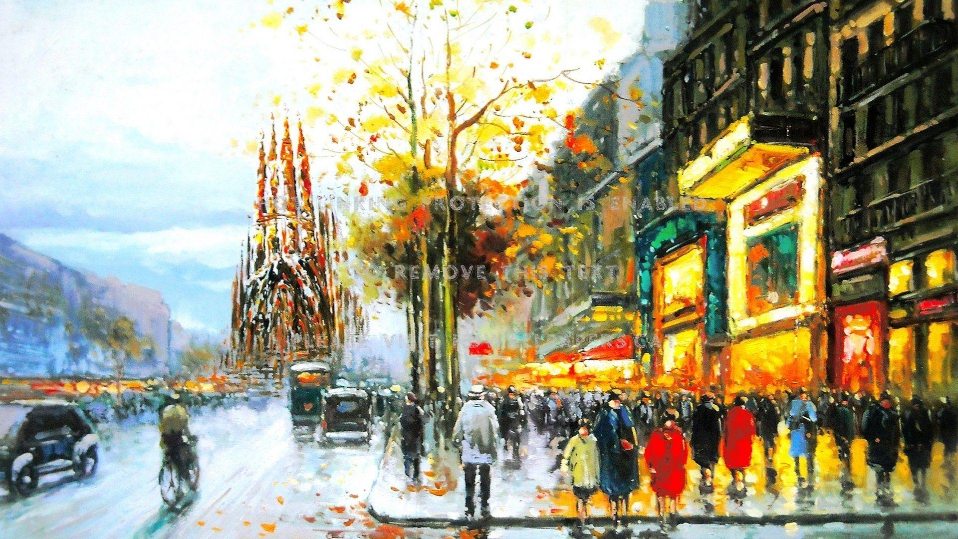 1920x1080 barcelona spain painting cathedral people
