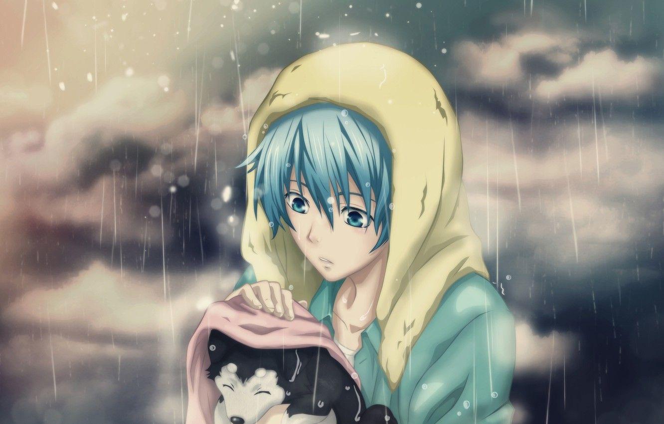 1332x850 Wallpaper sadness, rain, mood, dog, anime, puppy, guy, care image