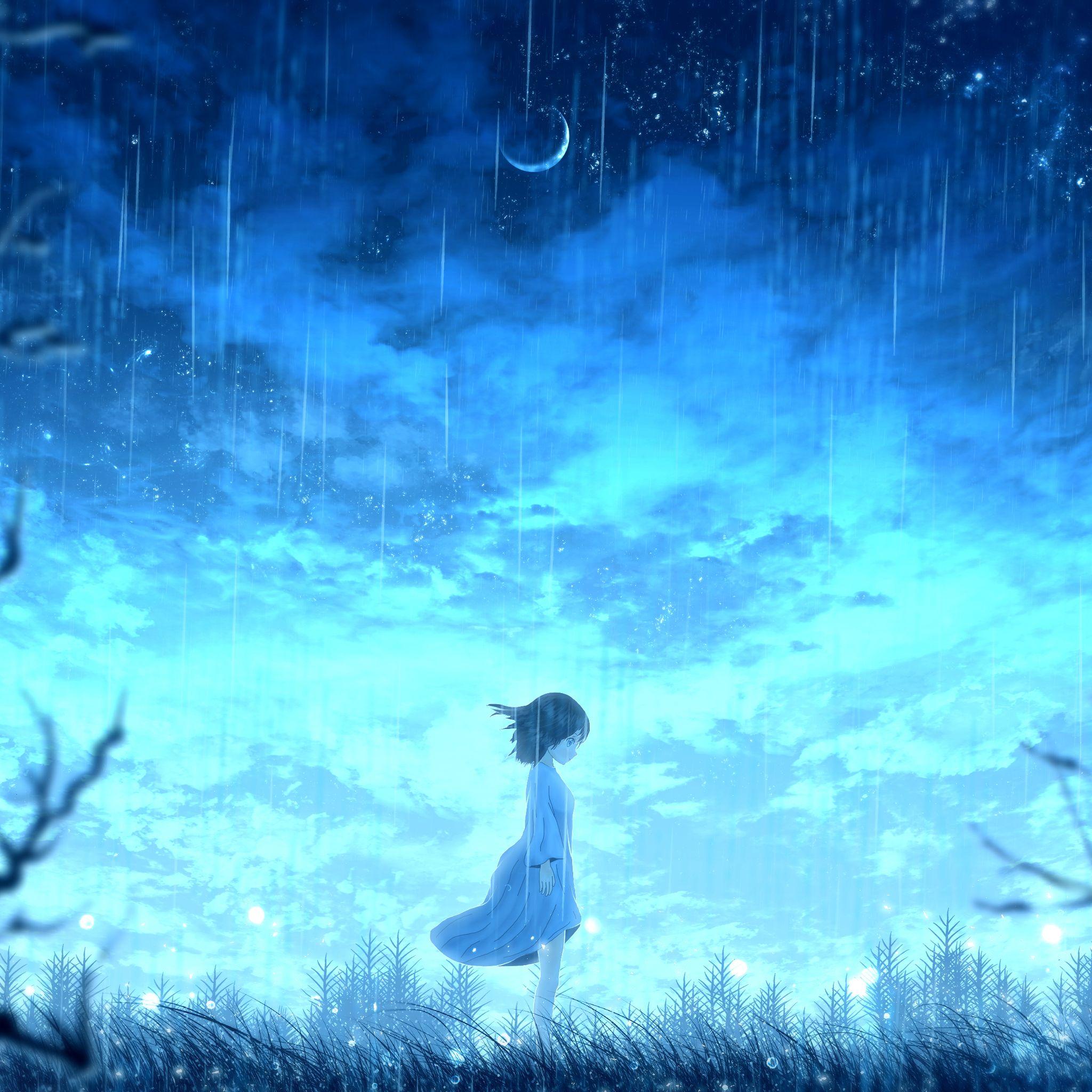 2048x2048 Anime Girl Night Rain 4k iPad Air HD 4k Wallpaper