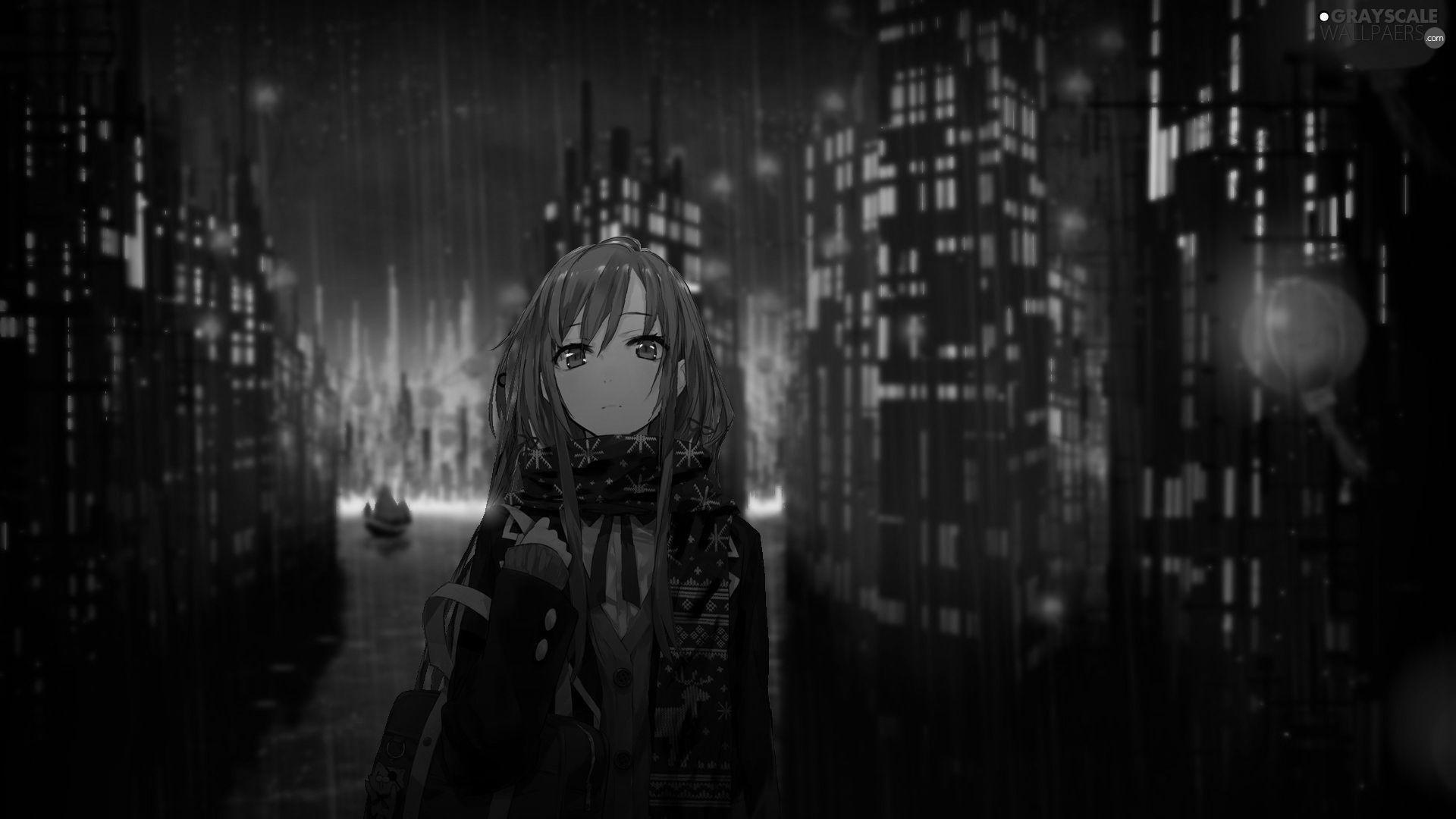 1920x1080 Grayscale Rain, Night, sad, girl, Manga Anime