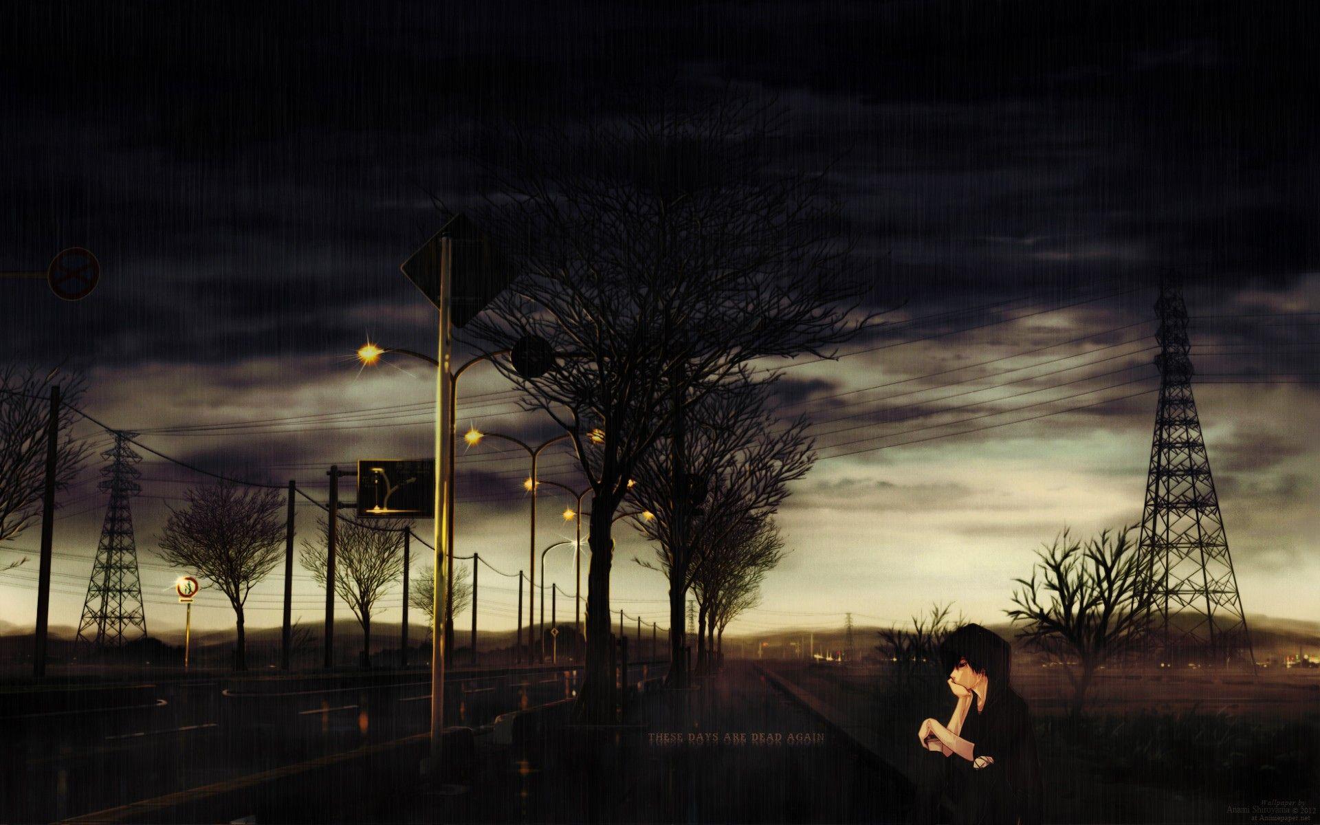 1920x1200 Anime sad guy off the road in the rain wallpaper and image