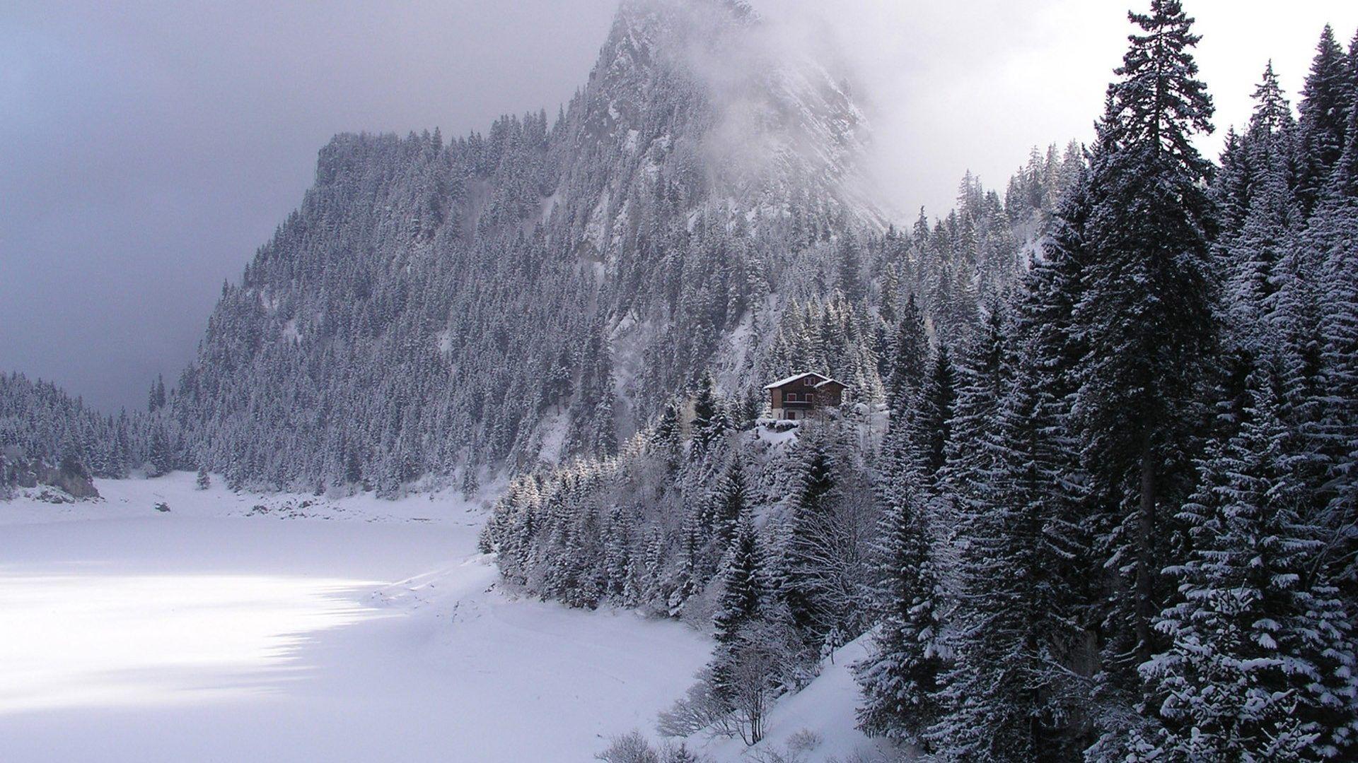 1920x1080 Unbelievable Cabin Wintry Forest Winter Clouds Mountains