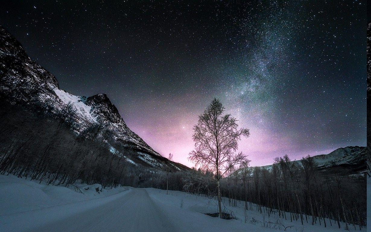 1230x768 nature, Landscape, Long Exposure, Winter, Road, Norway, Starry
