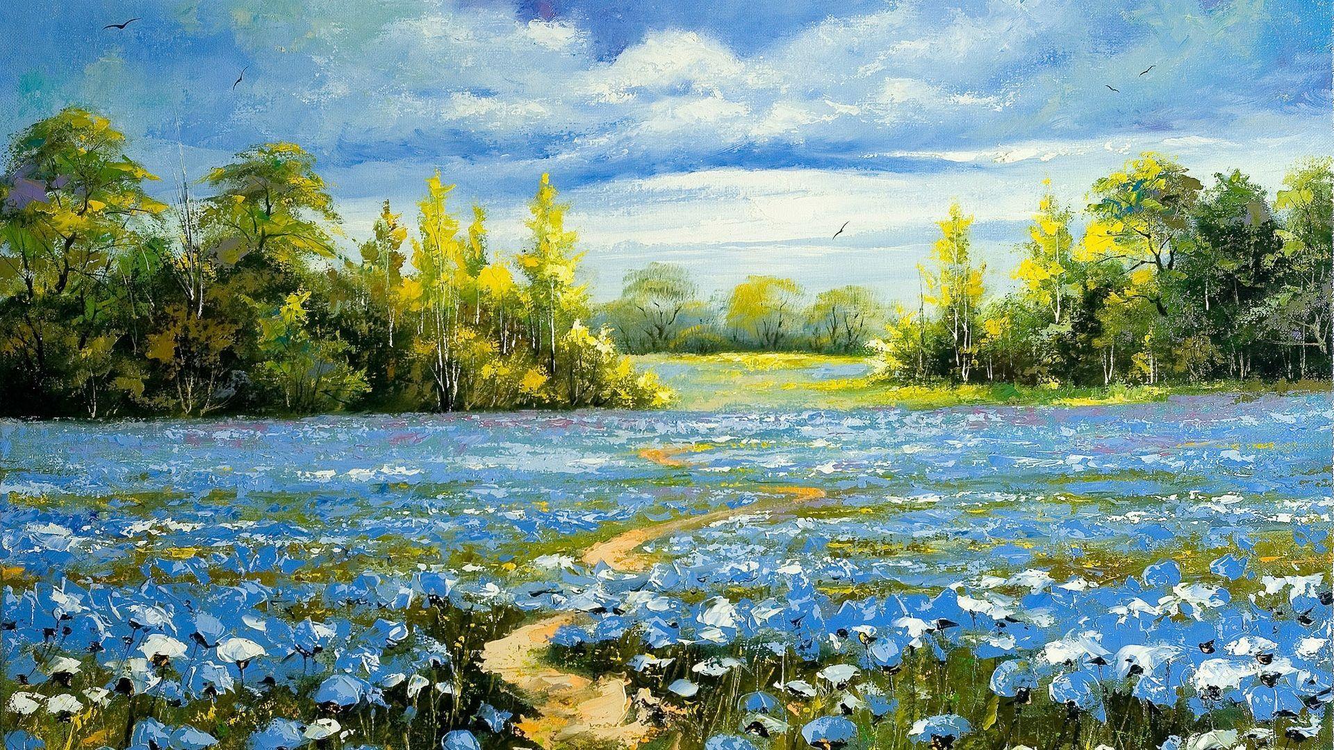 1920x1080 Landscape Oil Painting. Oil Painting Landscape, Blue Flower Painting, Landscape Canvas