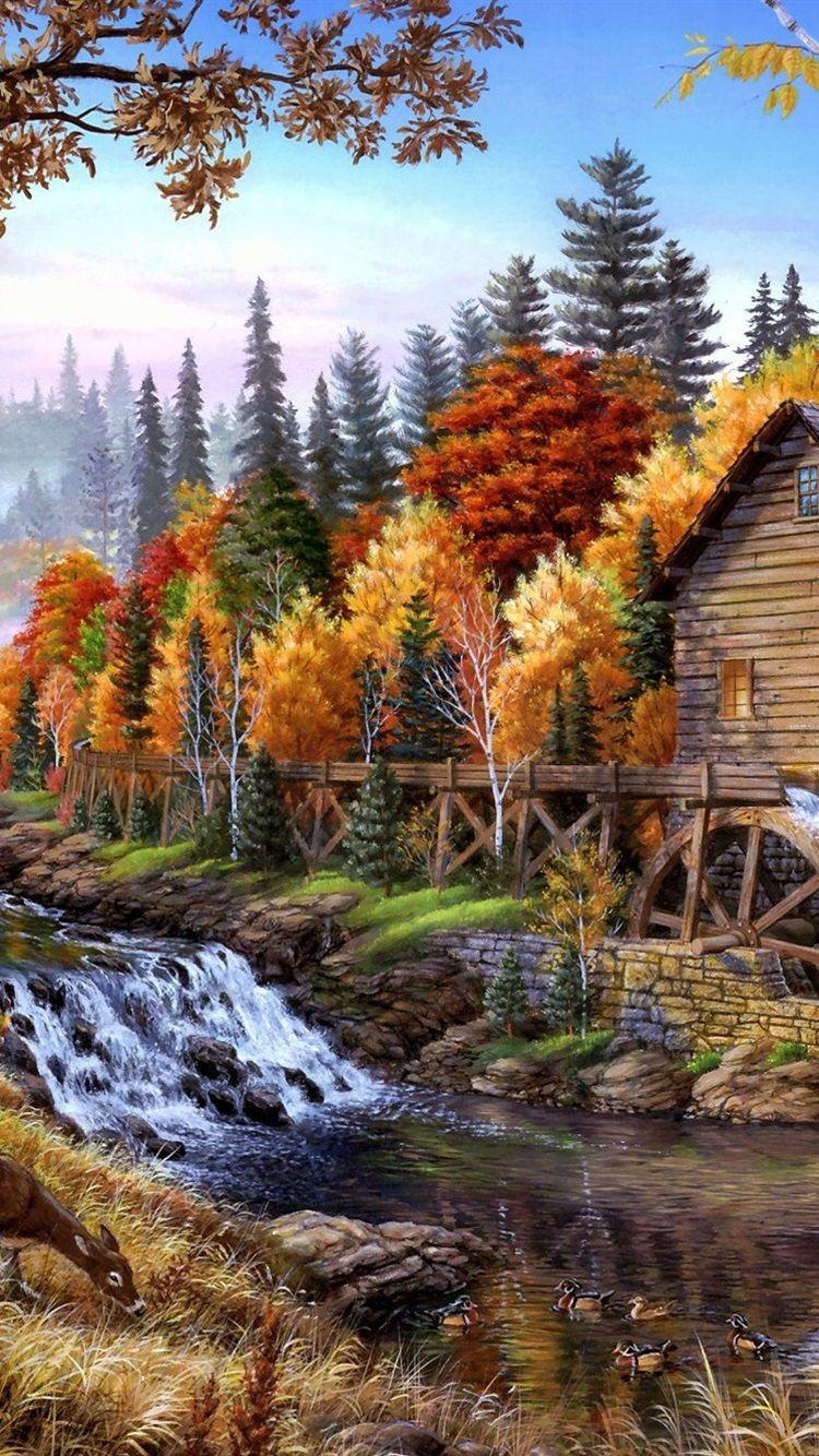 750x1334 Wallpaper Home in the forest oil painting 2560x1440 QHD Picture, Image