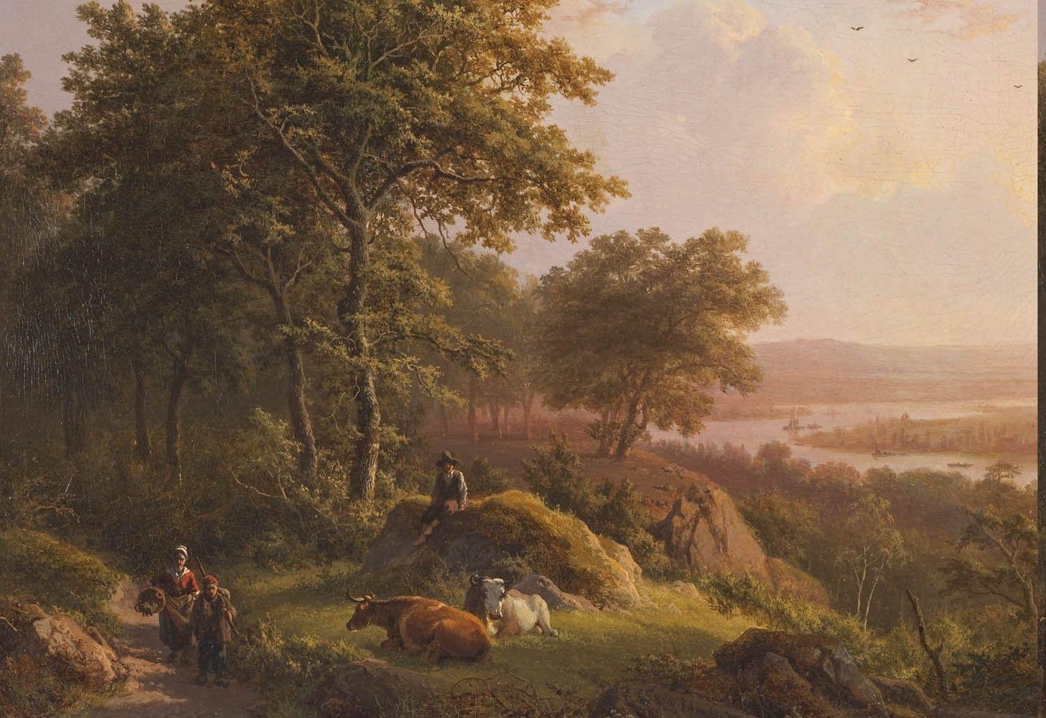 1500x1030 painting, Peasants, Landscape, Classic Art, Cows, Rock, Trees