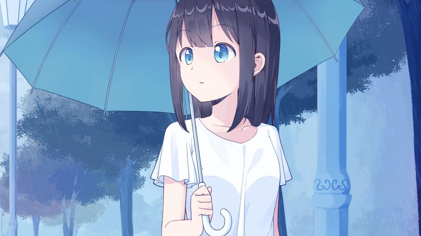 1366x768 Download Anime girl with umbrella, cute, art wallpaper, 1366x Tablet, laptop