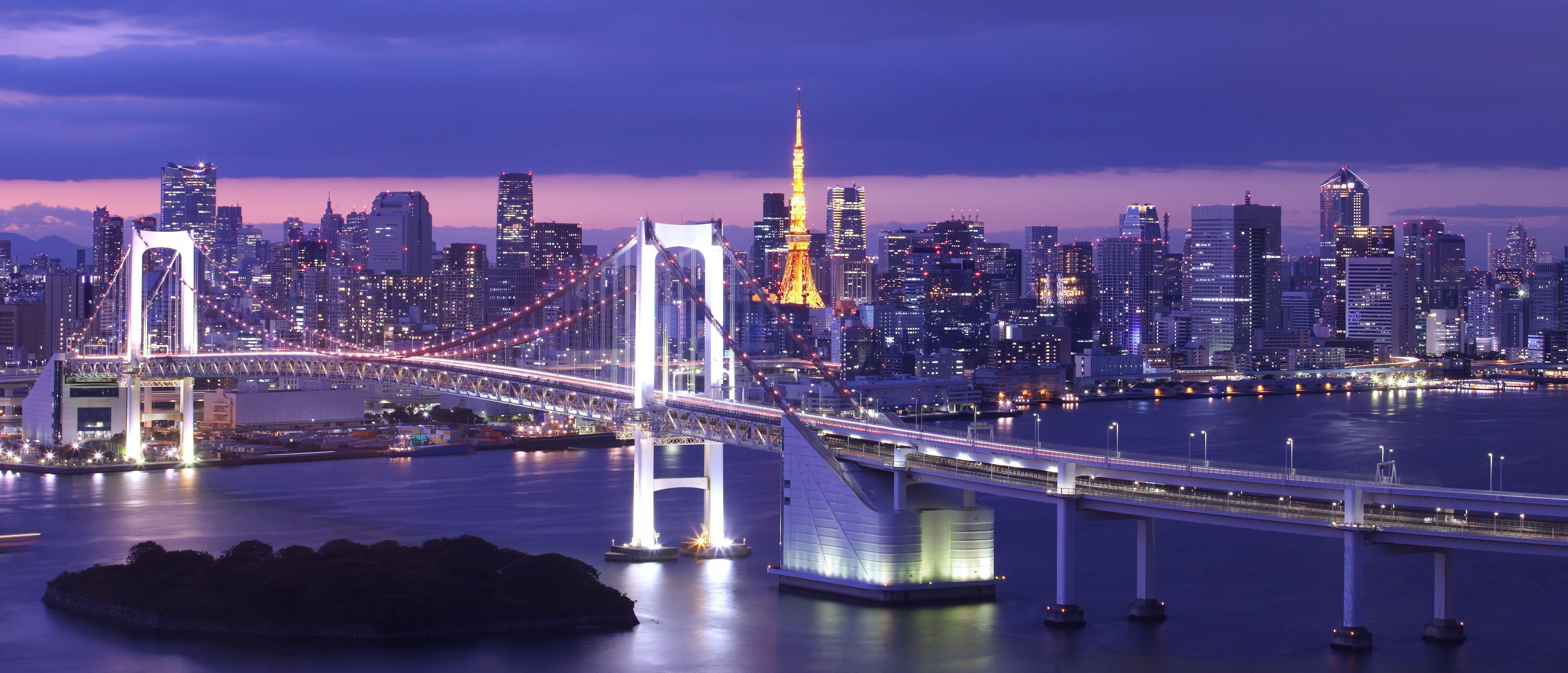5616x2410 Bridges Japan Tokyo Tokyo Bay Rainbow Bridge Cities wallpaper