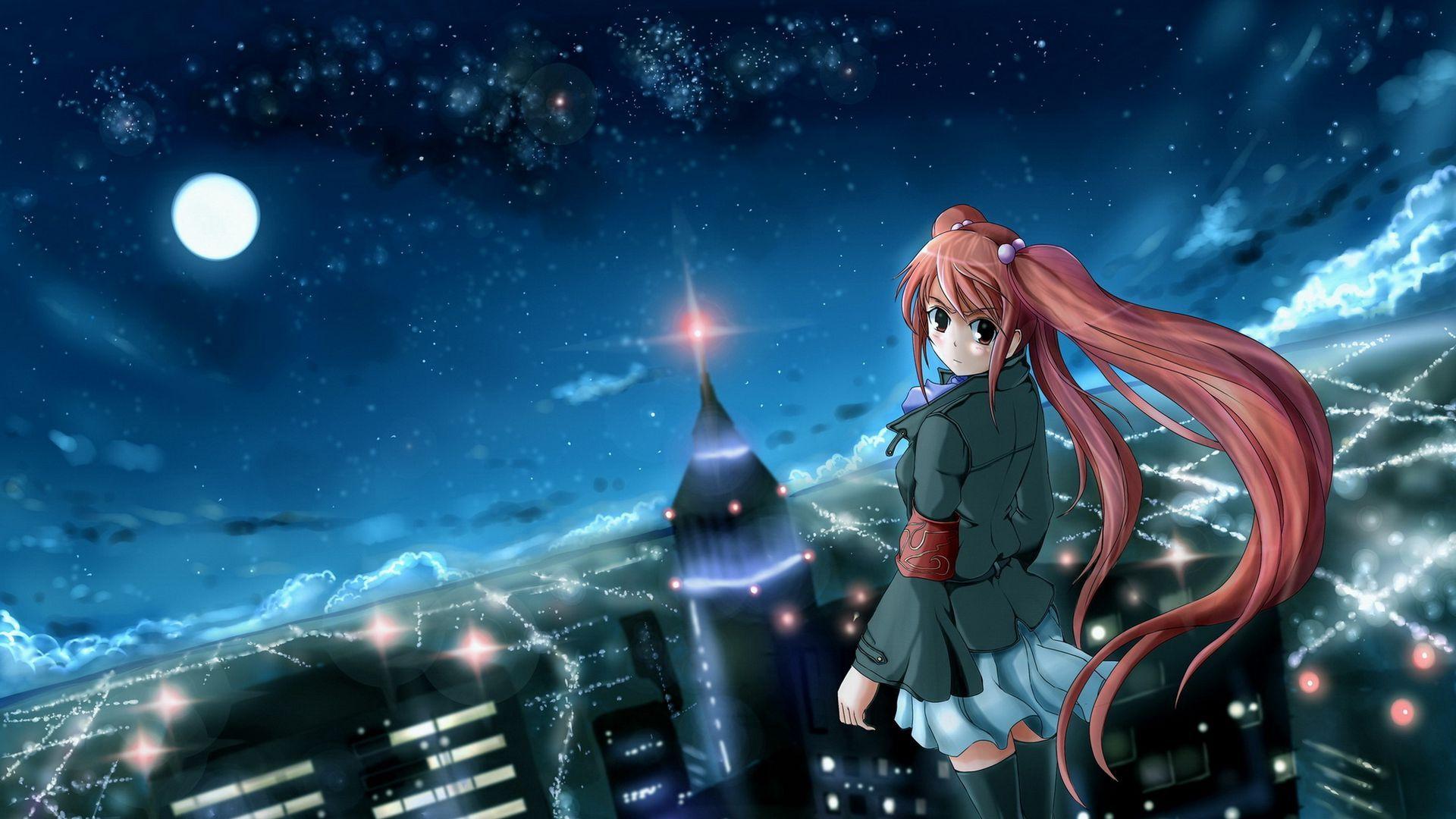 1920x1080 Download wallpaper 1920x1080 anime, girl, city, night, wind full