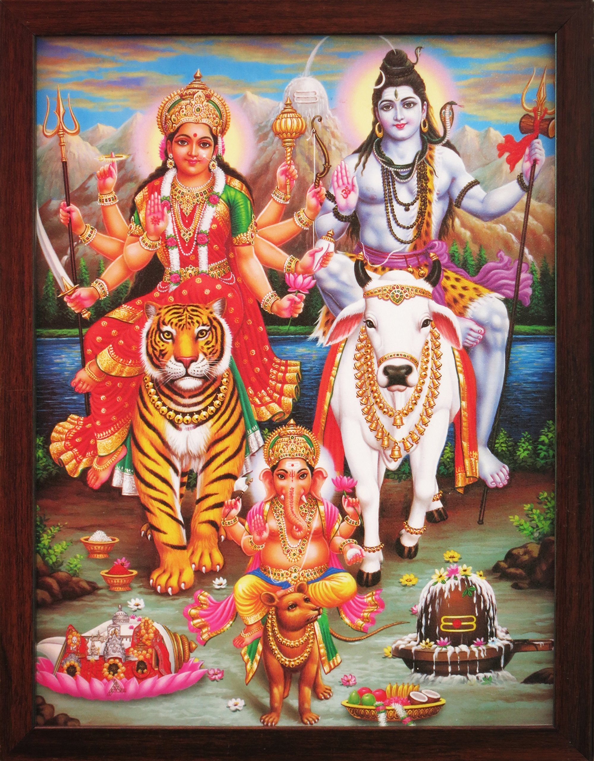 1999x2560 HandicraftStore Shiva with Durga and Ganesha in Himalaya, A Poster Painting with Frame for Hindu Religious Worship Purpose: Posters & Prints