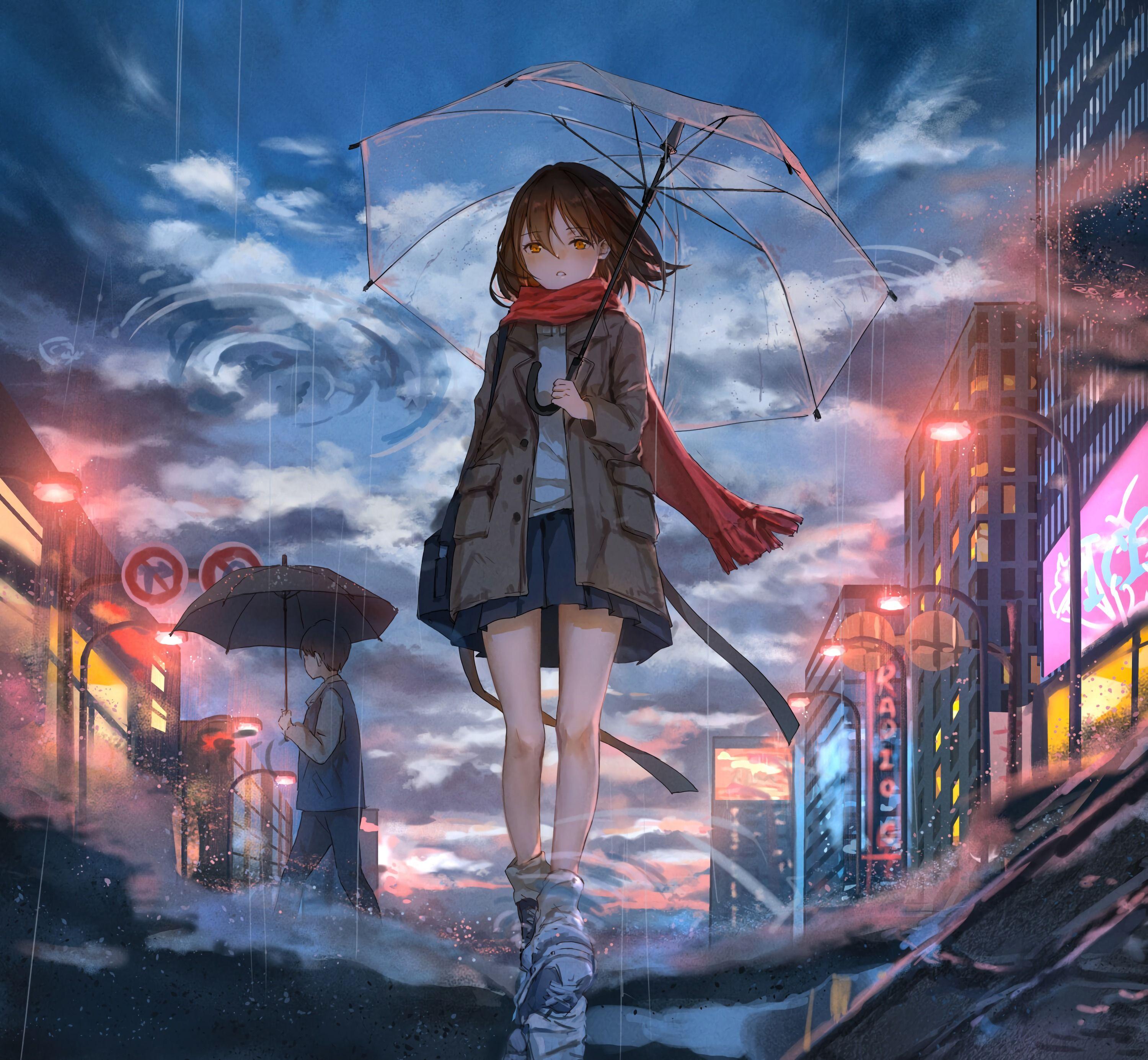 3000x2770 Download wallpaper 3000x2770 girl, umbrella, anime, rain, sadness