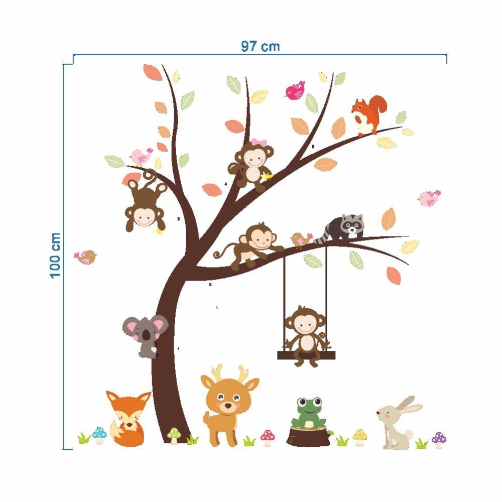 1000x1000 Cartoon Monkey Koala Birds Squirrel Playing on Big Tree Wall