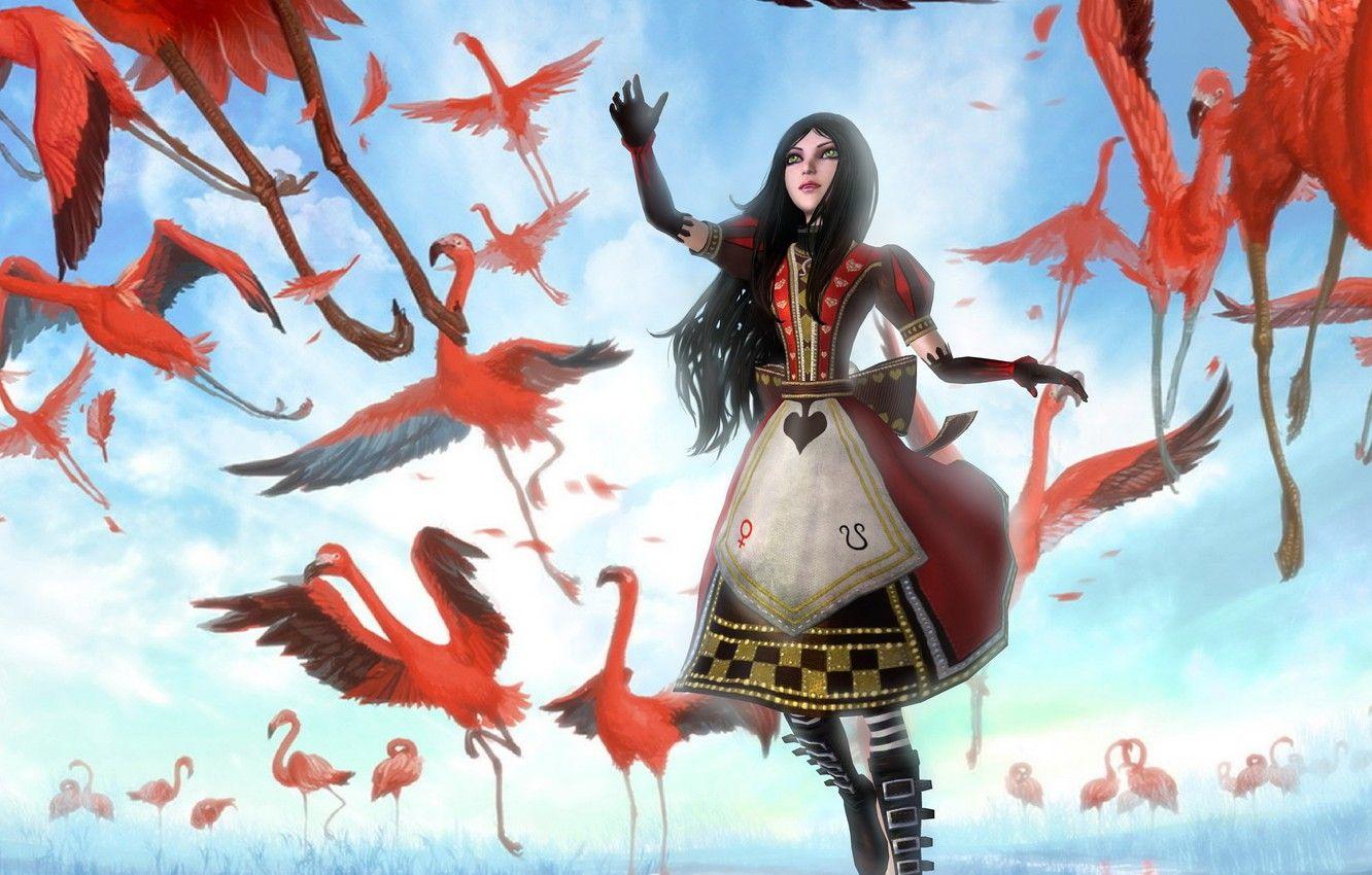 1332x850 Wallpaper girl, birds, art, Alice, pink, Flamingo, Alice Madness